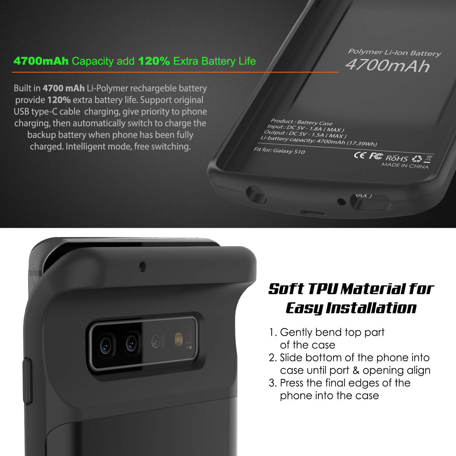 PunkJuice S10 Battery Case Reg. Black - Fast Charging Power Juice Bank with 4700mAh