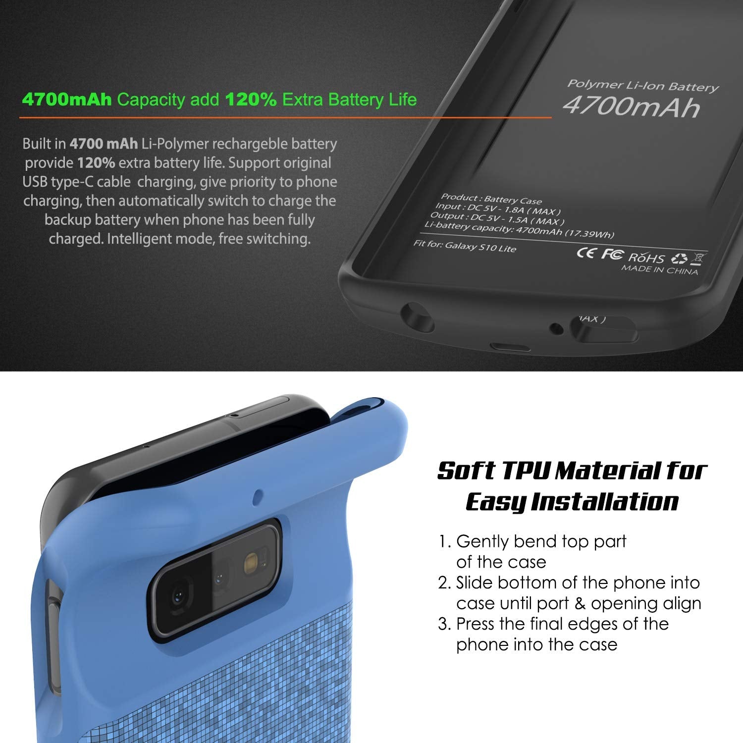 PunkJuice S10e Battery Case Blue - Fast Charging Power Juice Bank with 4700mAh
