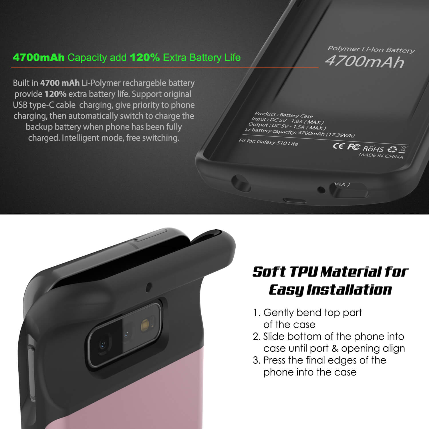 PunkJuice S10e Battery Case Rose - Fast Charging Power Juice Bank with 4700mAh