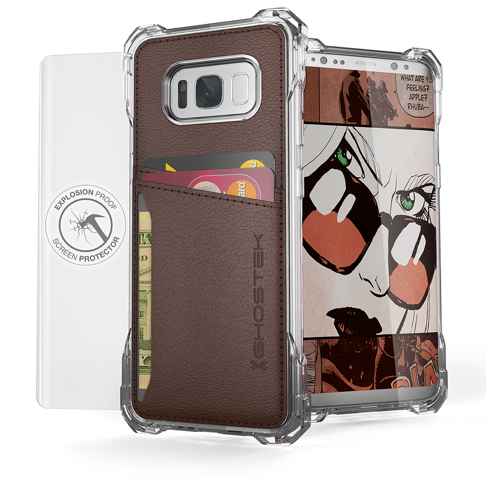 Galaxy S8+ Plus Wallet Case, Ghostek Exec Brown Series | Slim Armor Hybrid Impact Bumper | TPU PU Leather Credit Card Slot Holder Sleeve Cover