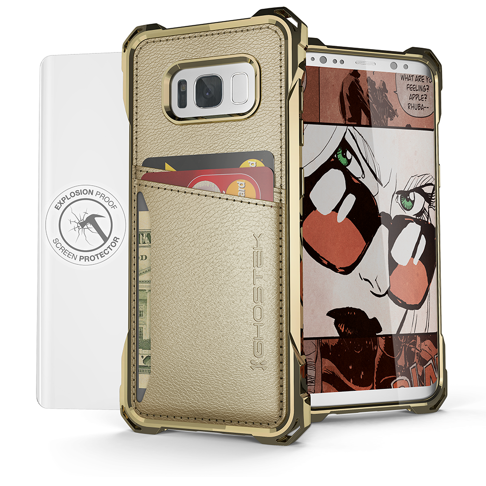 Galaxy S8+ Plus Wallet Case, Ghostek Exec Gold Series | Slim Armor Hybrid Impact Bumper | TPU PU Leather Credit Card Slot Holder Sleeve Cover
