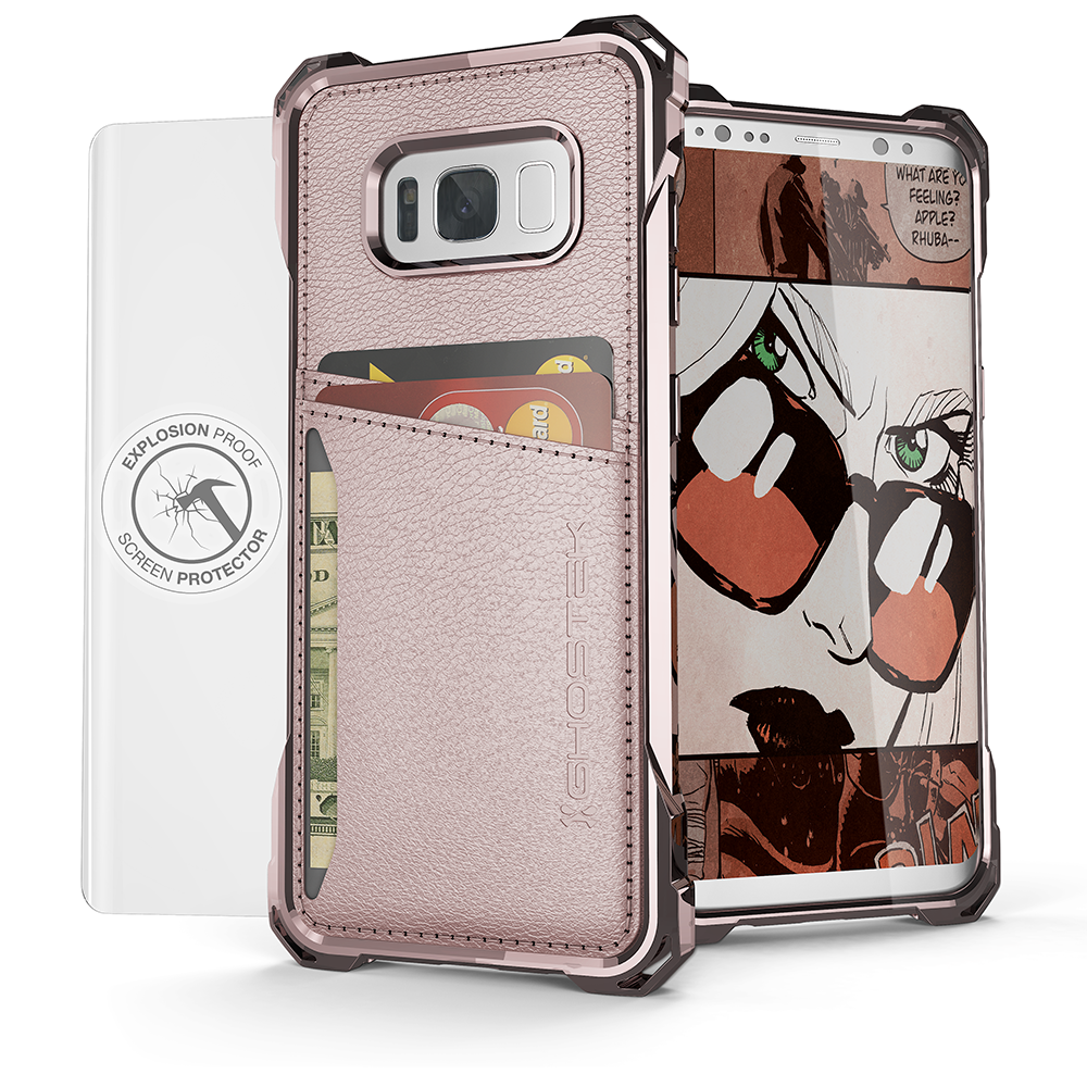 Galaxy S8+ Plus Wallet Case, Ghostek Exec Pink Series | Slim Armor Hybrid Impact Bumper | TPU PU Leather Credit Card Slot Holder Sleeve Cover