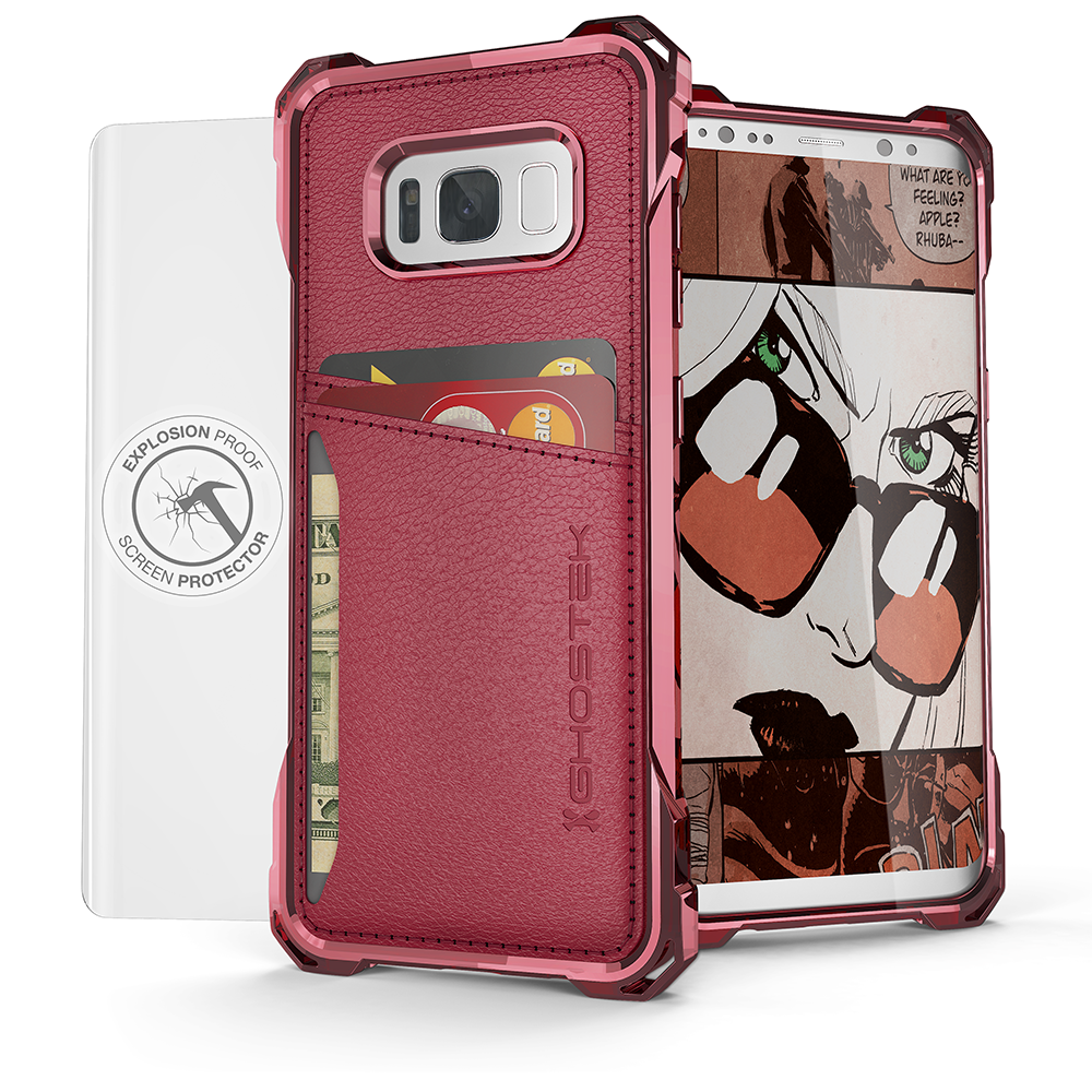 Galaxy S8+ Plus Wallet Case, Ghostek® Exec Red Series | Slim Armor Hybrid Impact Bumper | TPU PU Leather Credit Card Slot Holder Sleeve Cover