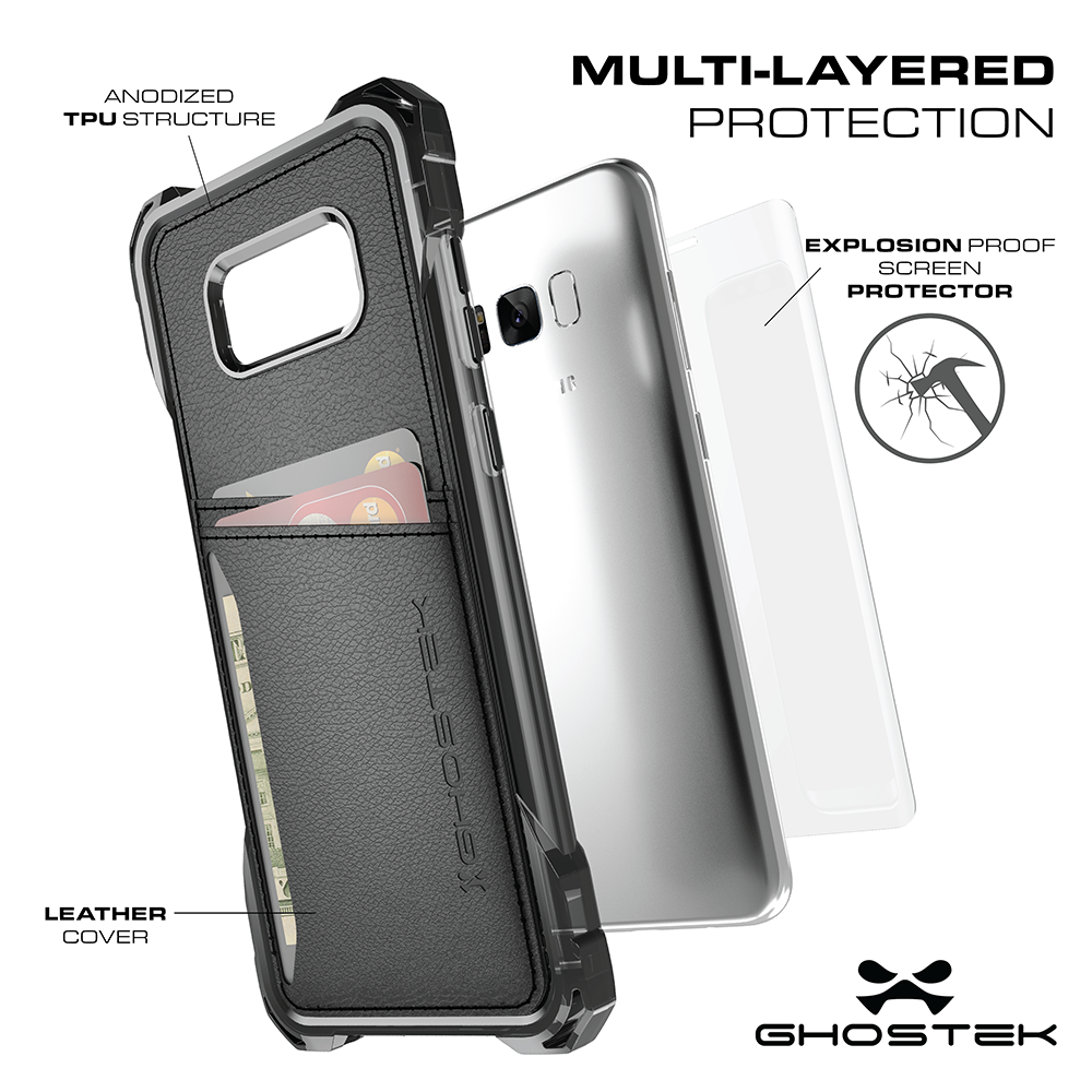 Galaxy S8+ Plus Wallet Case, Ghostek Exec Black Series | Slim Armor Hybrid Impact Bumper | TPU PU Leather Credit Card Slot Holder Sleeve Cover