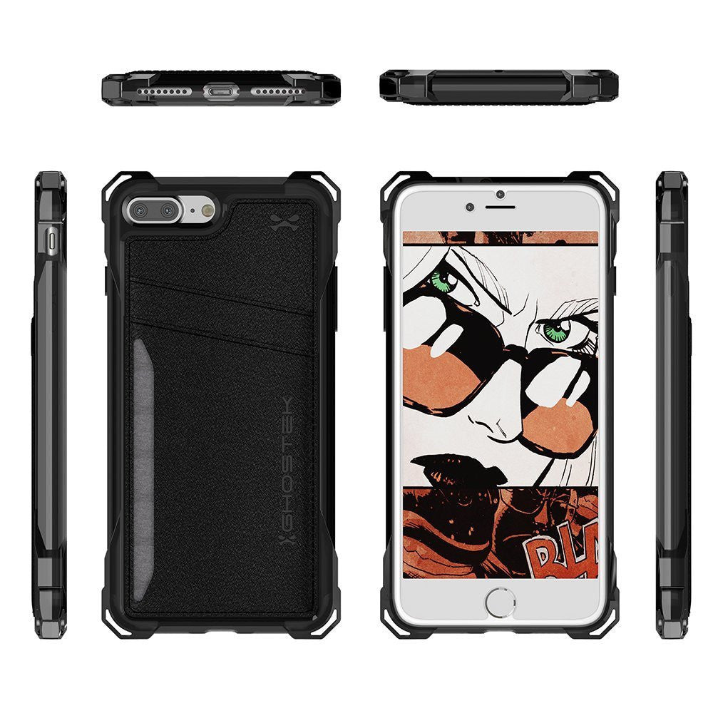 iPhone 7 Plus Wallet Case, Ghostek Exec Black Series | Slim Armor Hybrid Impact Bumper | TPU PU Leather Credit Card Slot Holder Sleeve Cover