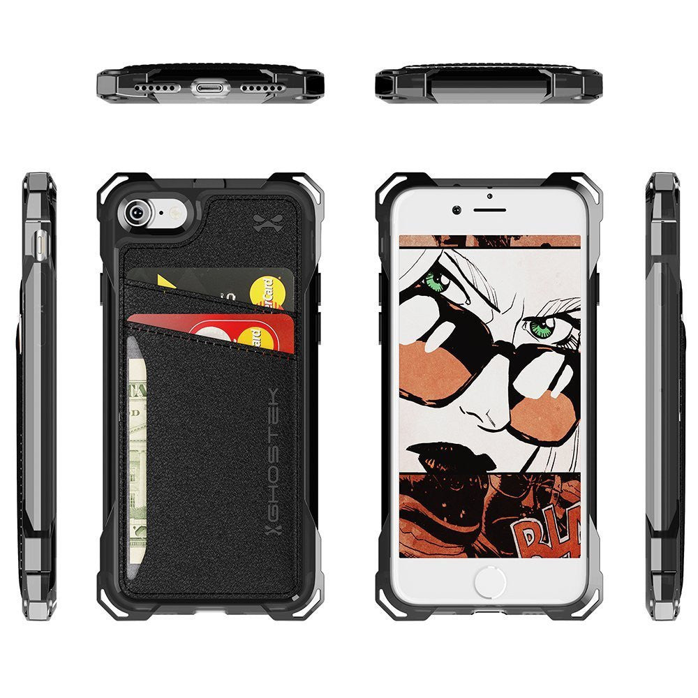 iPhone 7 Wallet Case, Ghostek Exec Black Series | Slim Armor Hybrid Impact Bumper | TPU PU Leather Credit Card Slot Holder Sleeve Cover