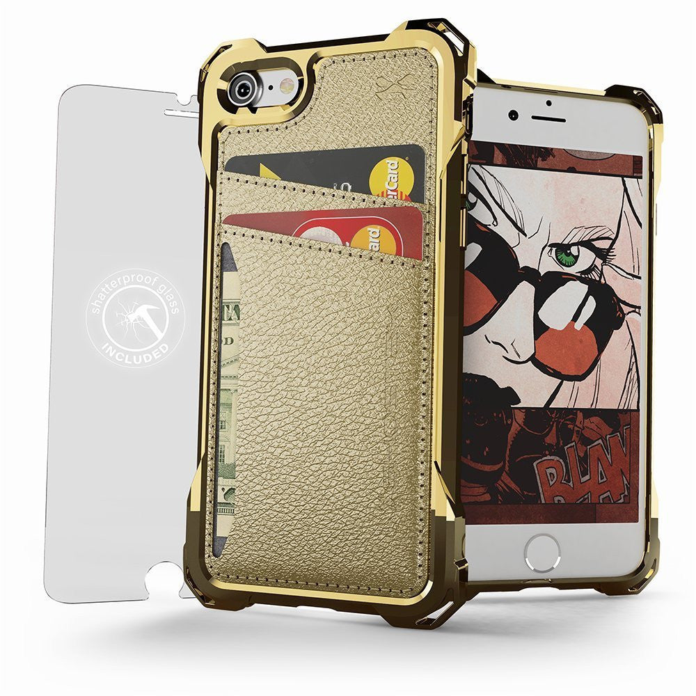 iPhone 7 Wallet Case, Ghostek Exec Gold Series | Slim Armor Hybrid Impact Bumper | TPU PU Leather Credit Card Slot Holder Sleeve Cover