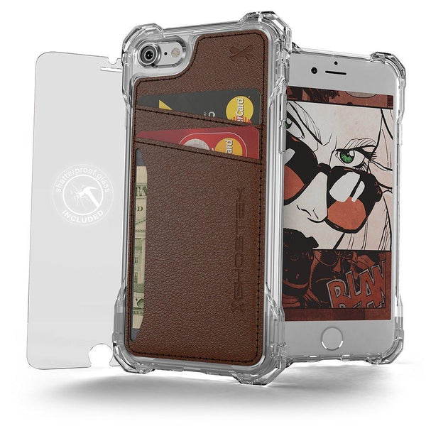 iPhone 8 Wallet Case, Ghostek Exec Brown Series | Slim Armor Hybrid Impact Bumper | TPU PU Leather Credit Card Slot Holder Sleeve Cover