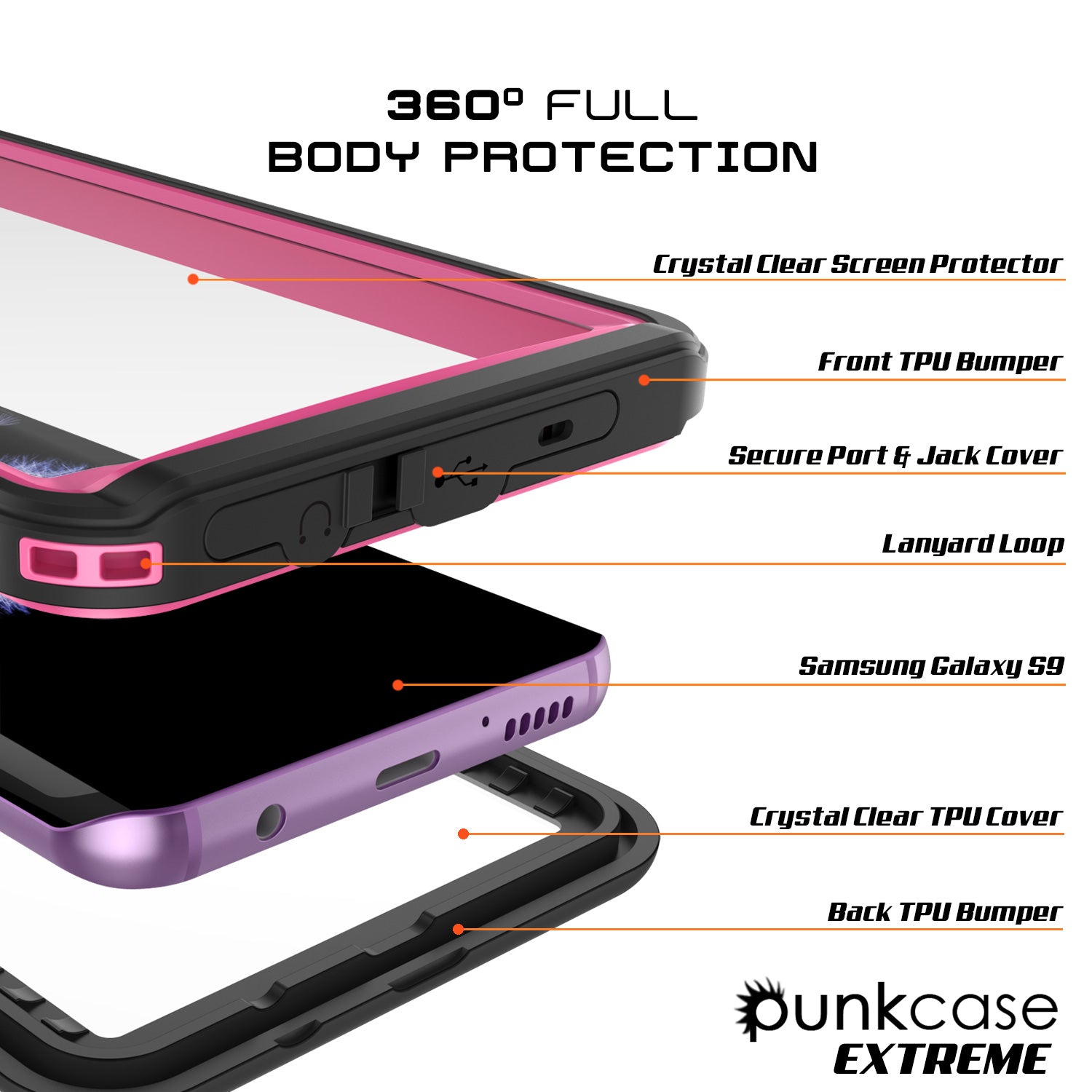 Punkcase Galaxy S9 Extreme Series Waterproof Body | Pink