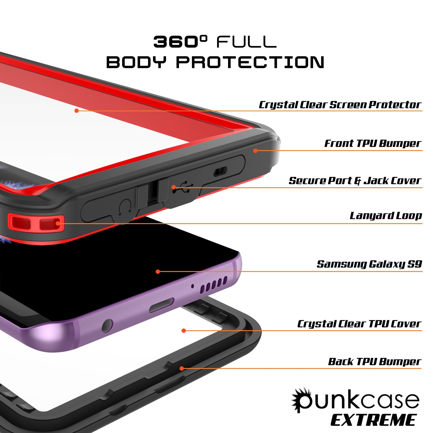Punkcase Galaxy S9 Extreme Series Waterproof Body | Red