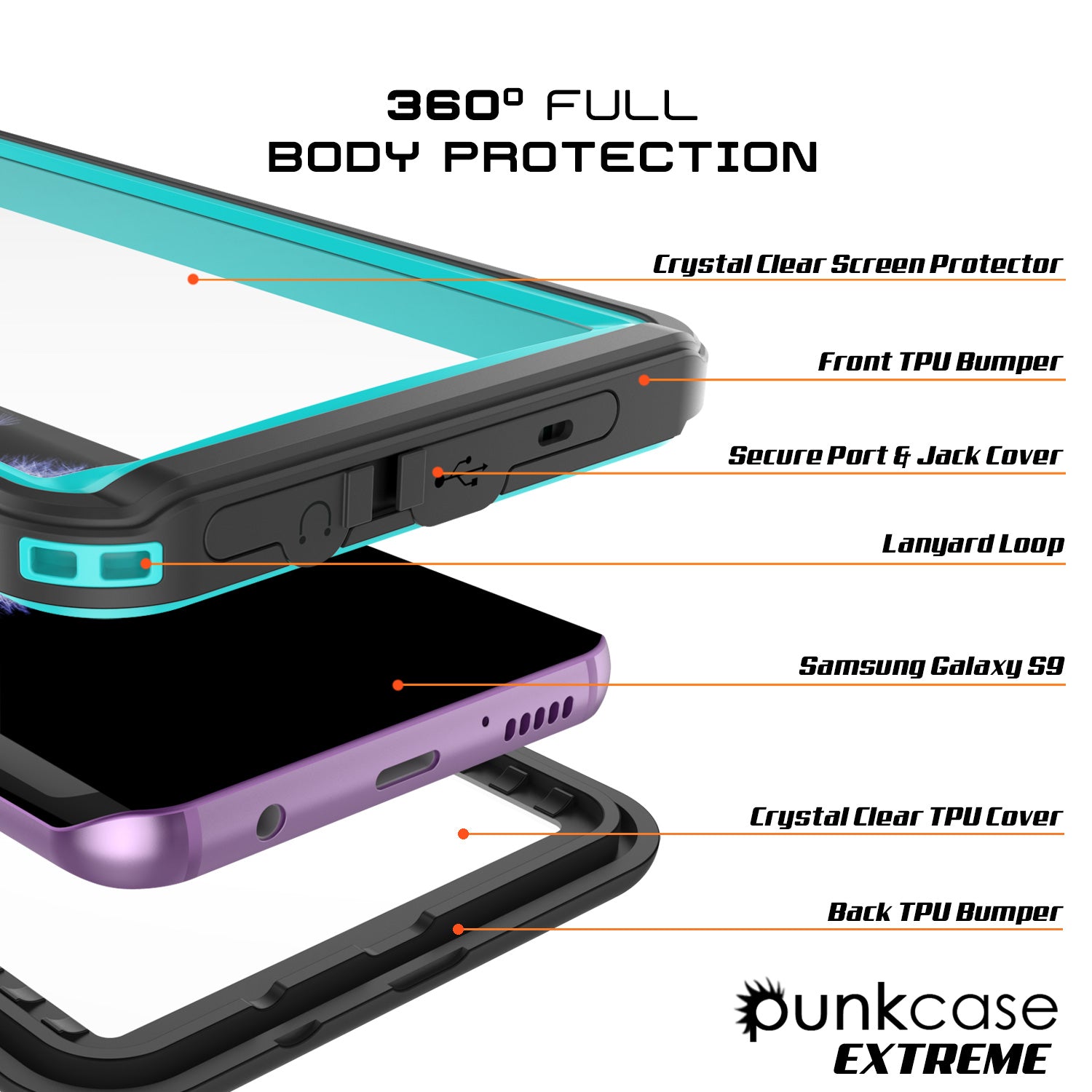 Punkcase Galaxy S9 Extreme Series Waterproof Body | Teal