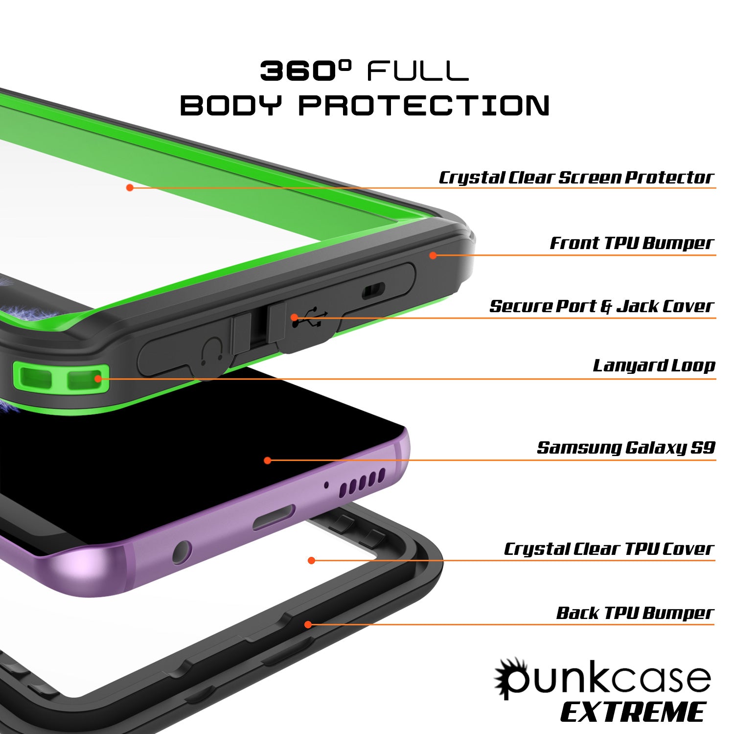 Punkcase Galaxy S9 Extreme Series Waterproof Body | Light Green