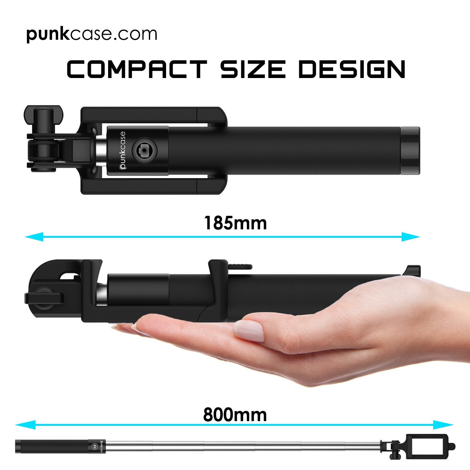 Selfie Stick - Black, Extendable Monopod with Built-In Bluetooth Remote Shutter