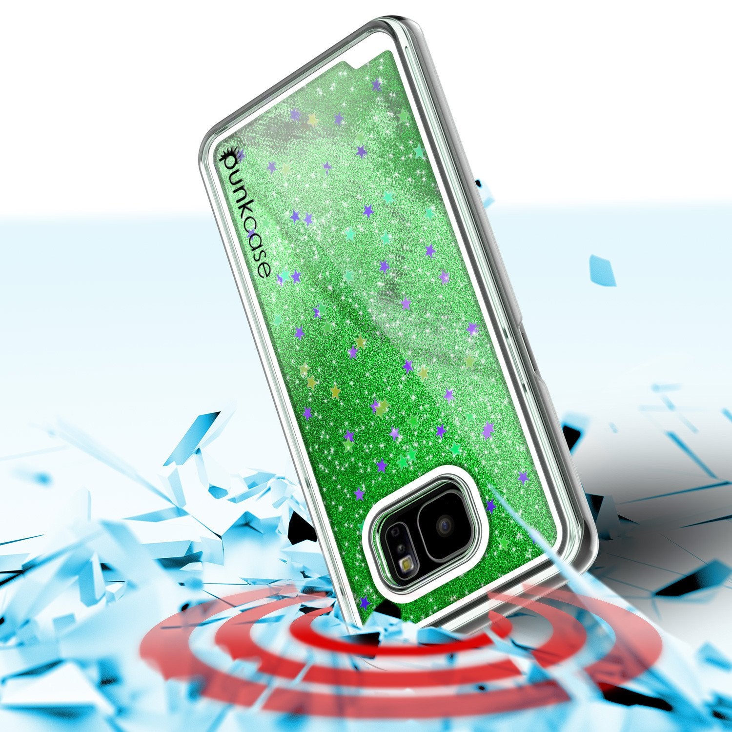 S7 Edge Case, PunkCase LIQUID Green Series, Protective Dual Layer Floating Glitter Cover