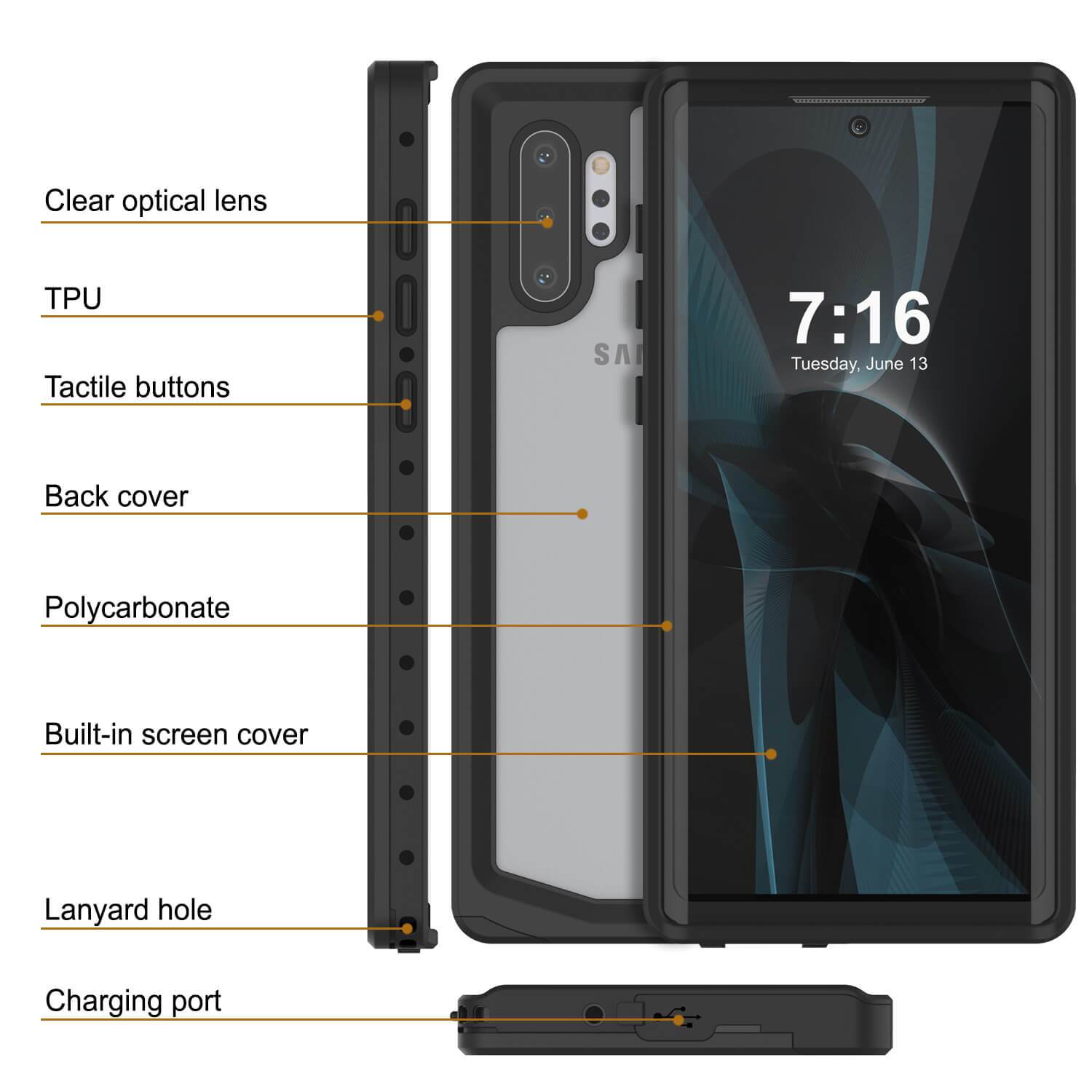 Galaxy Note 10+ Plus Waterproof Case, Punkcase Studstar Clear Thin Armor Cover