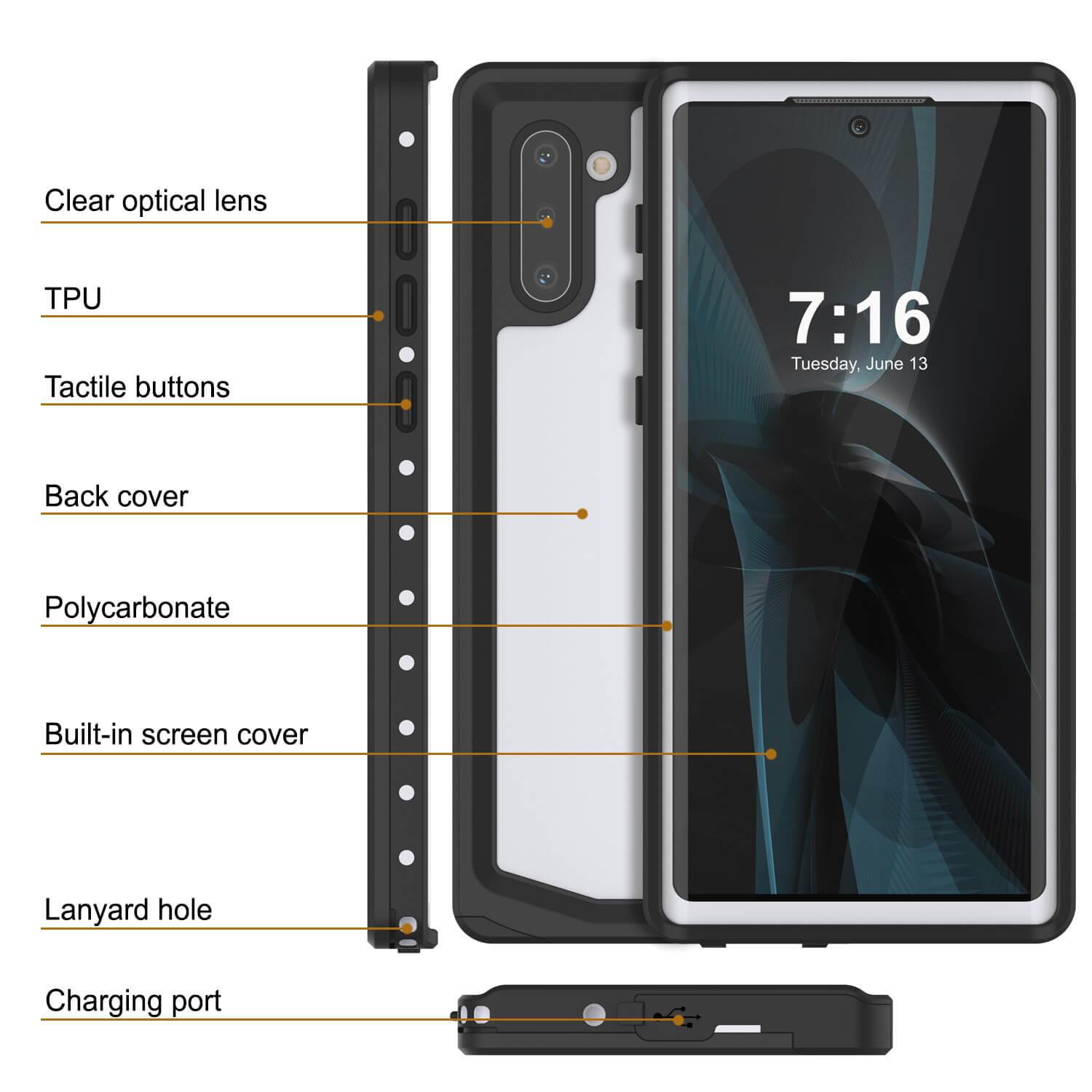Galaxy Note 10 Waterproof Case, Punkcase Studstar White Thin Armor Cover