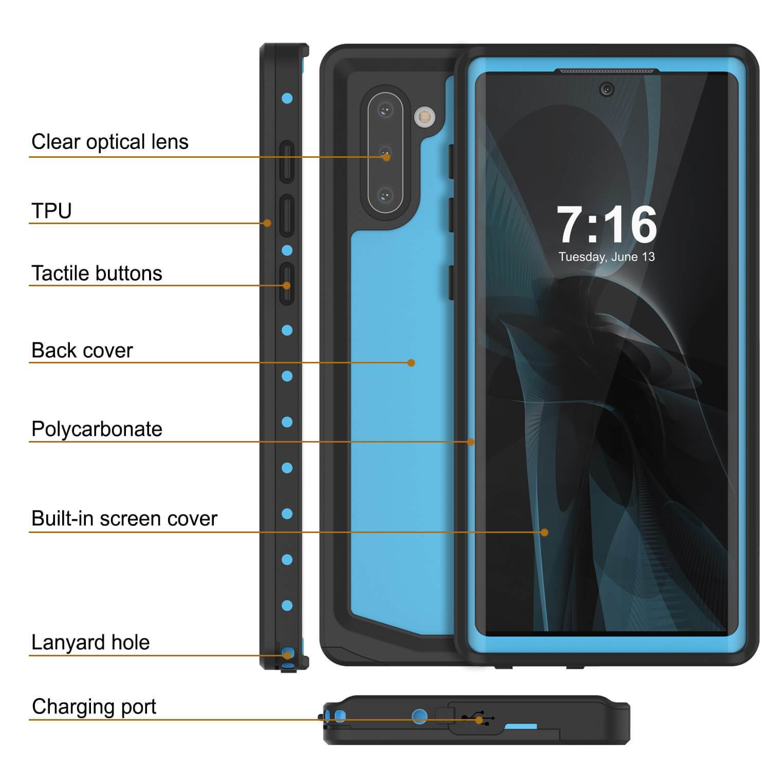 Galaxy Note 10 Waterproof Case, Punkcase Studstar Light Blue Thin Armor Cover