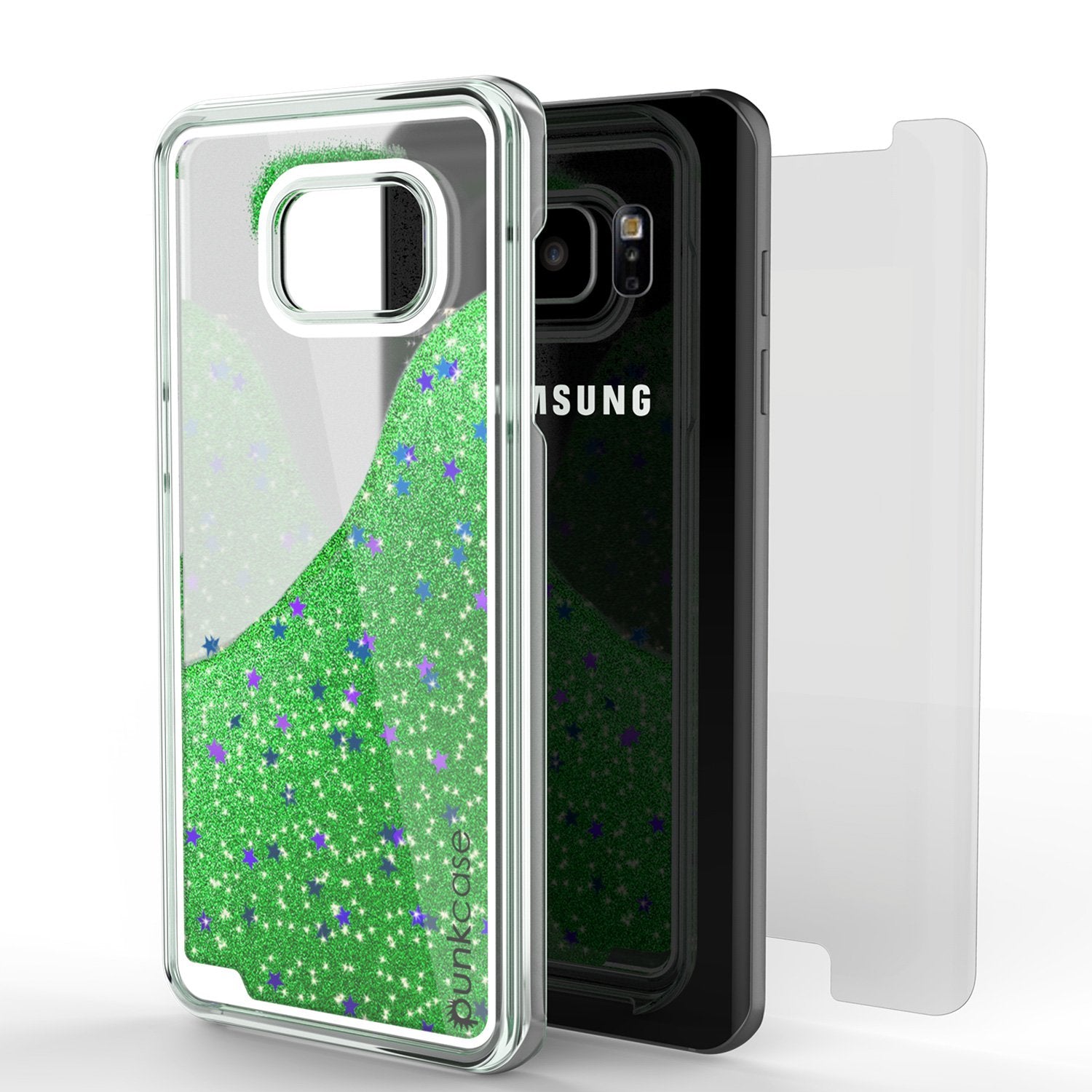 S7 Edge Case, PunkCase LIQUID Green Series, Protective Dual Layer Floating Glitter Cover