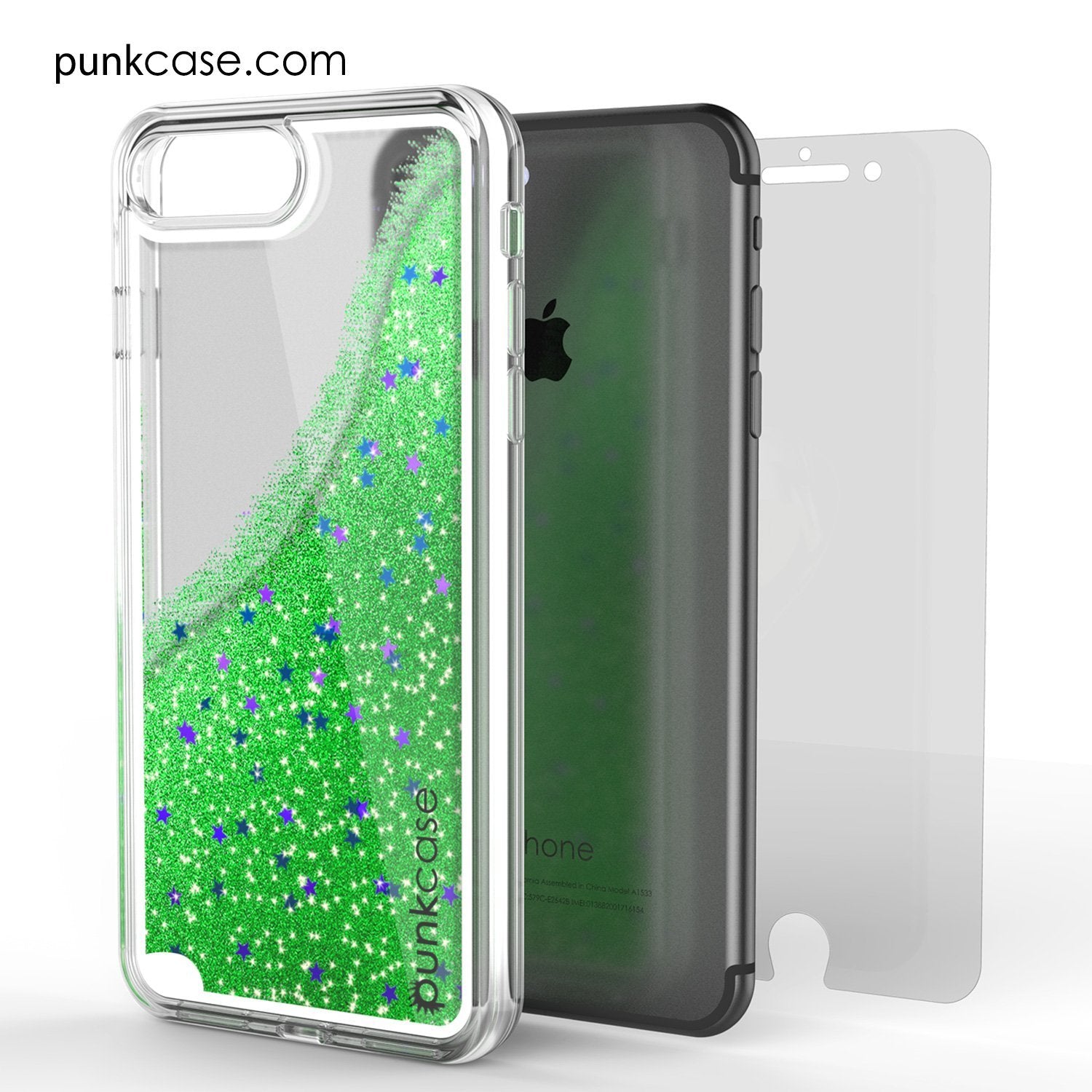iPhone 8+ Plus Case, PunkCase LIQUID Green Series, Protective Dual Layer Floating Glitter Cover