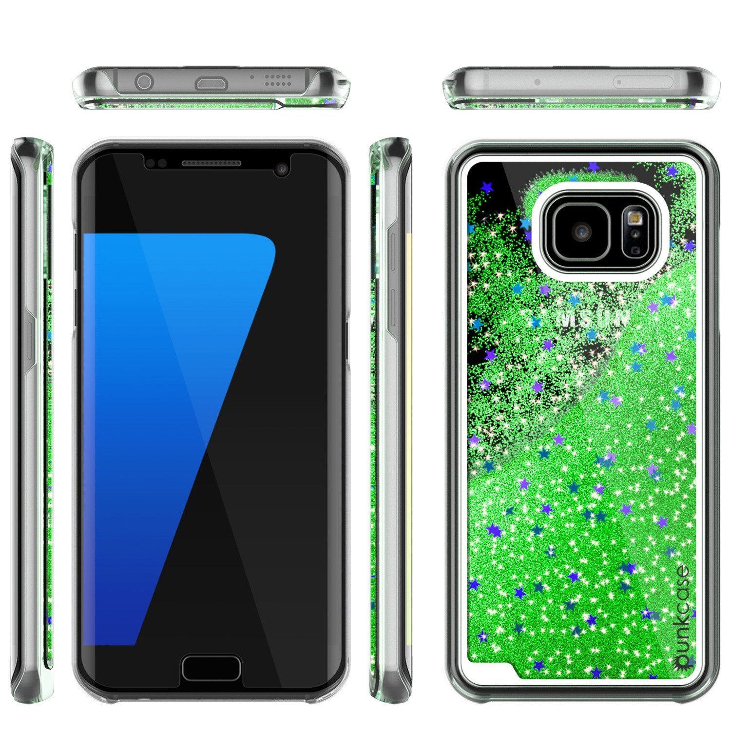 S7 Edge Case, PunkCase LIQUID Green Series, Protective Dual Layer Floating Glitter Cover