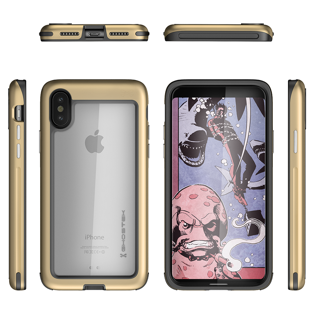 iPhone X Case, Ghostek Atomic Slim Fit Strong Aluminum Bumper + Soft TPU Shell | Rubber Corners & Bezel | Face ID Compatible | Supports Qi Wireless Charging | Gold
