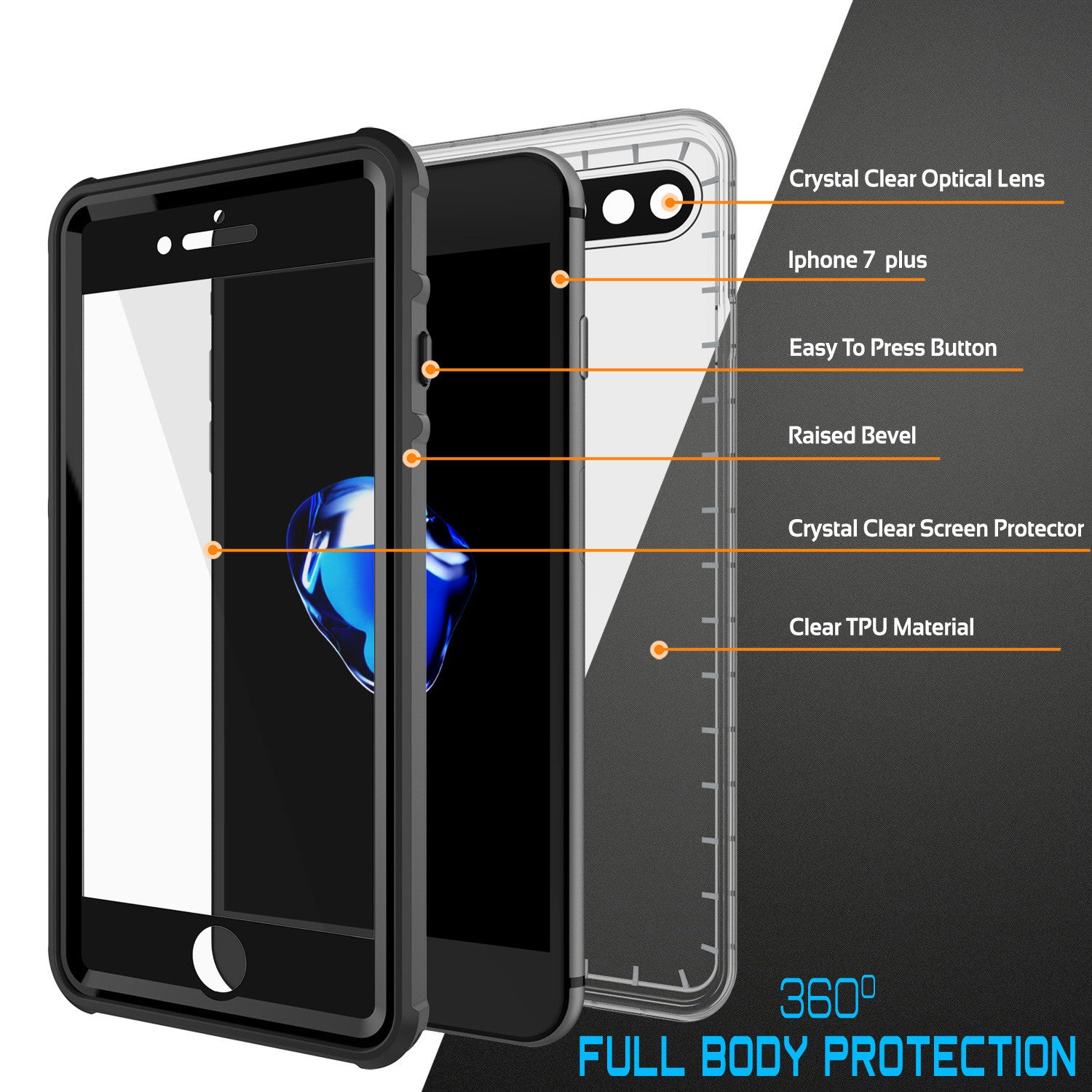 iPhone 7+ Plus Waterproof Case, PUNKcase CRYSTAL Black W/ Attached Screen Protector | Warranty