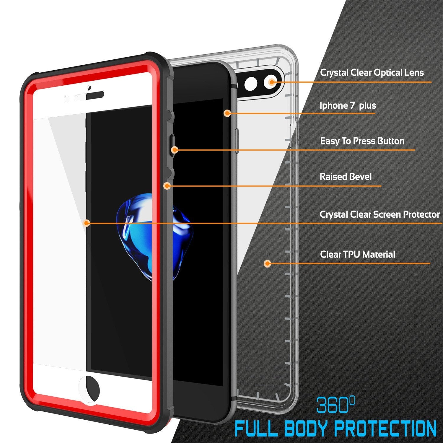 iPhone 8+ Plus Waterproof Case, PUNKcase CRYSTAL Red W/ Attached Screen Protector | Warranty