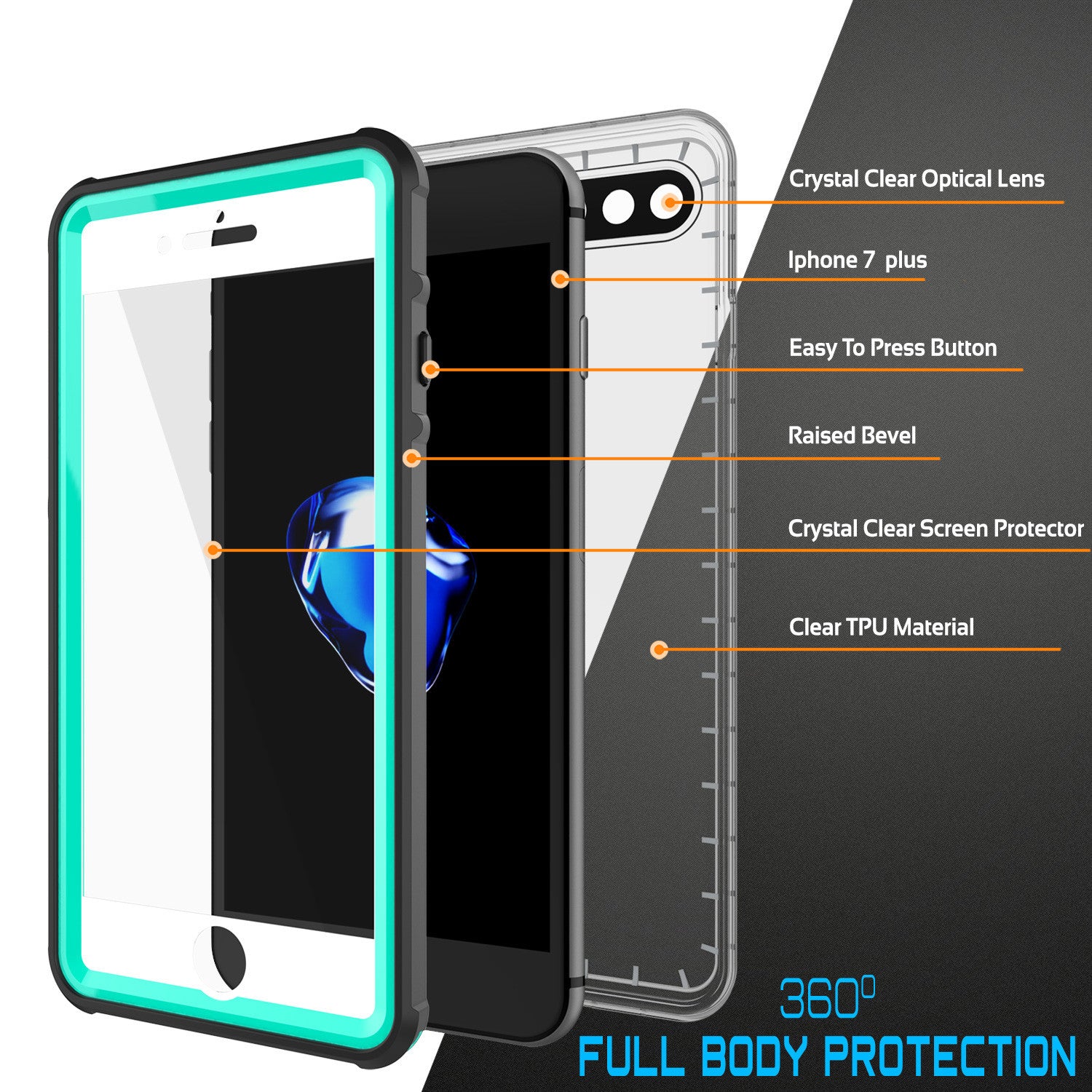 iPhone 7+ Plus Waterproof Case, PUNKcase CRYSTAL Teal W/ Attached Screen Protector | Warranty