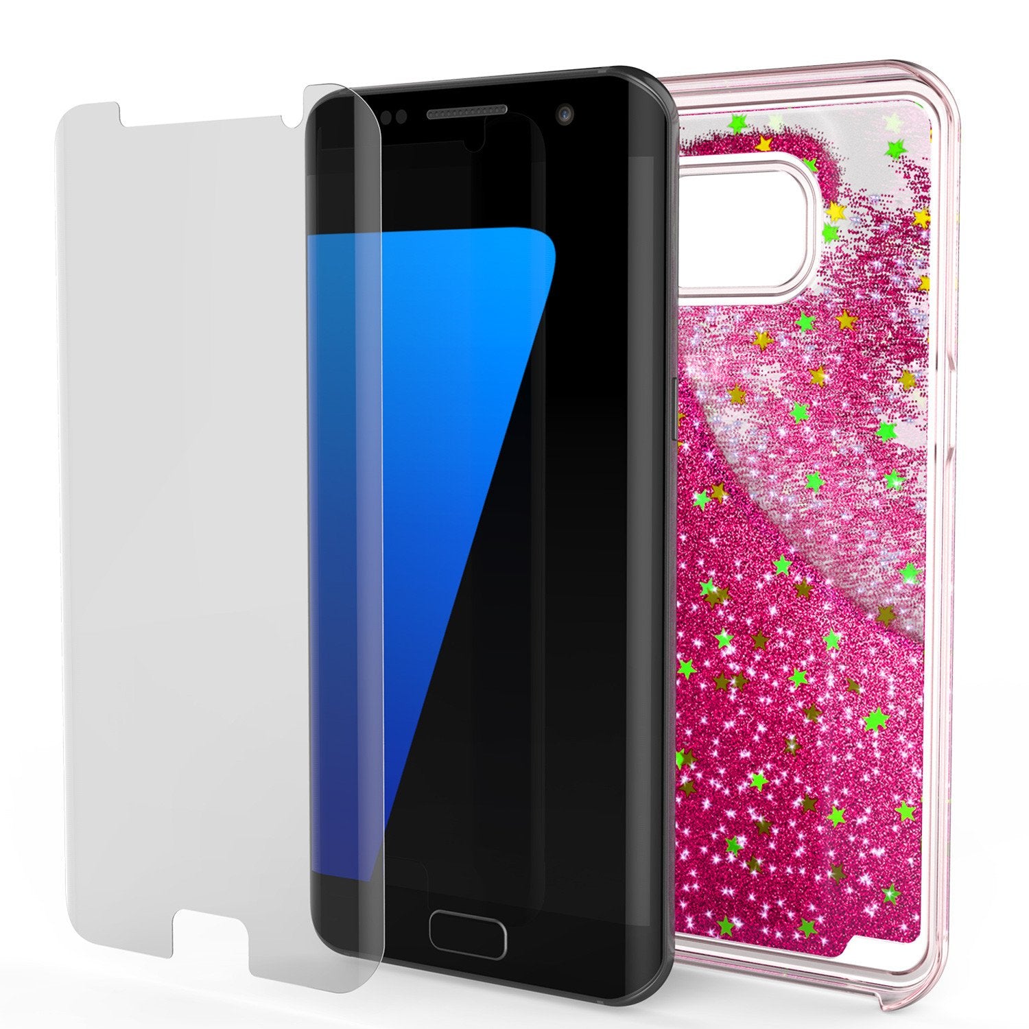 S7 Edge Case, PunkCase LIQUID Pink Series, Protective Dual Layer Floating Glitter Cover