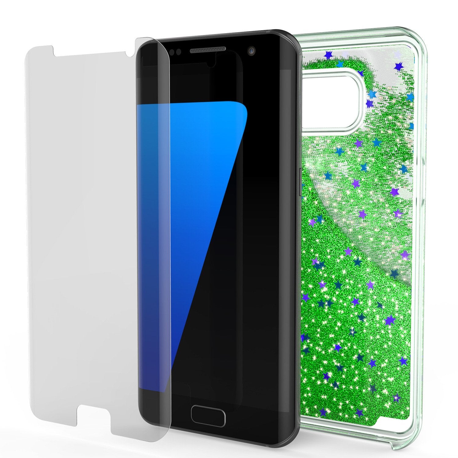 S7 Edge Case, PunkCase LIQUID Green Series, Protective Dual Layer Floating Glitter Cover