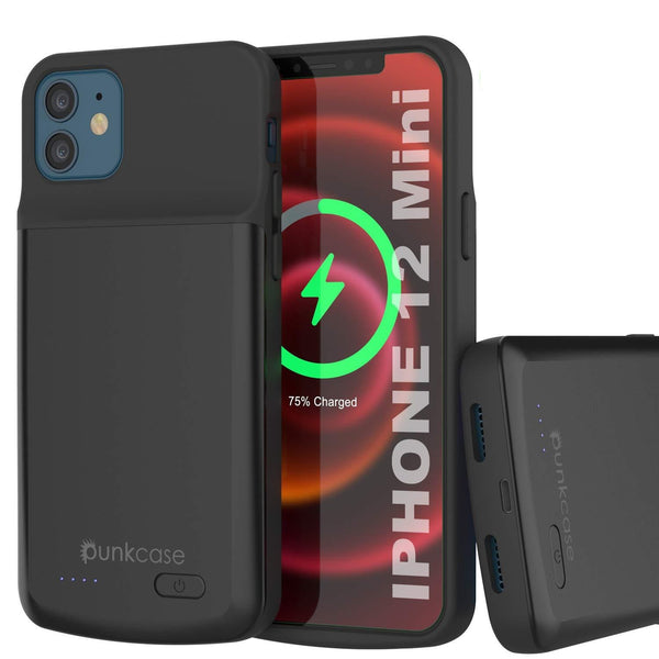 iPhone 12 Mini Battery Case, PunkJuice 4700mAH Fast Charging Power Bank W/ Screen Protector | [Black]