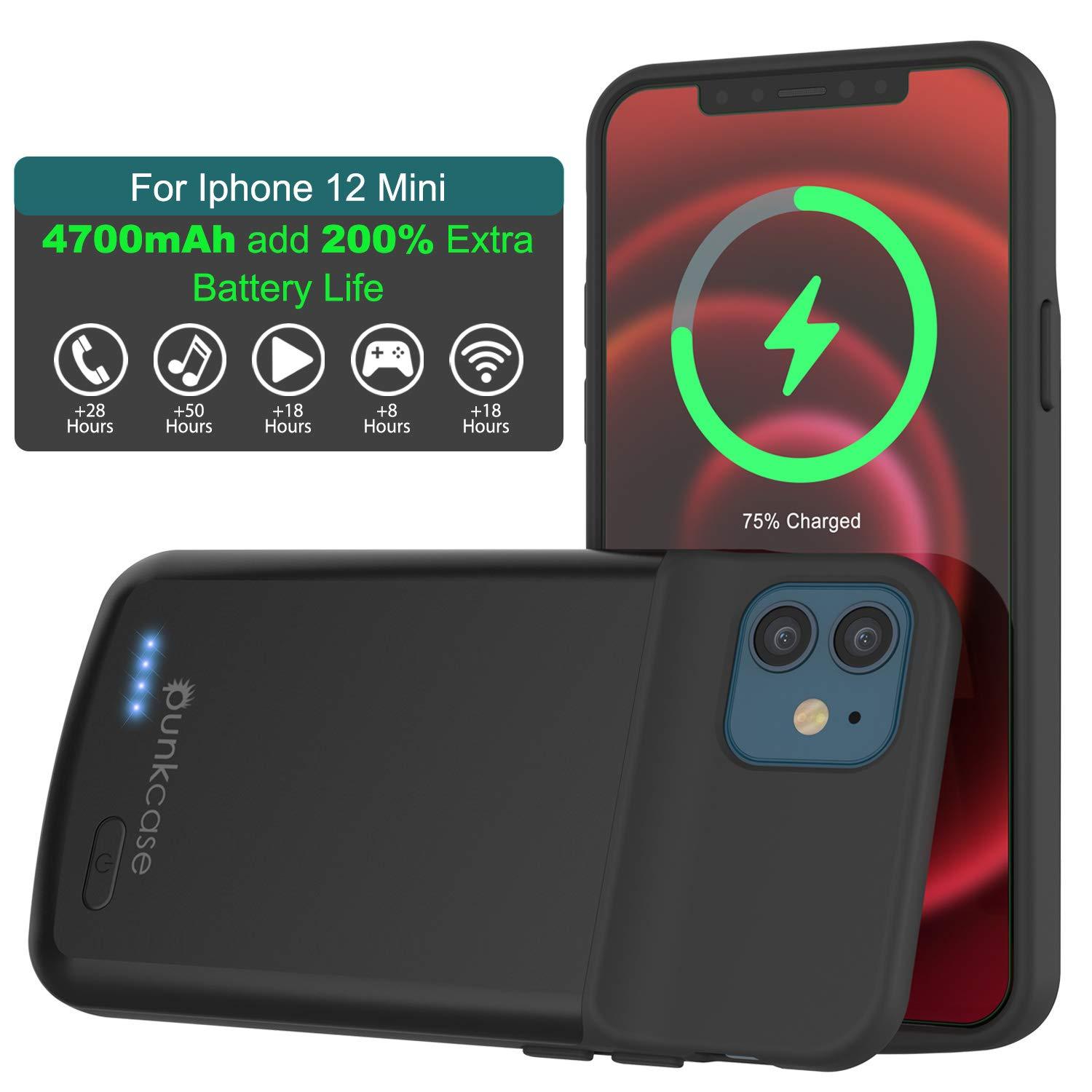iPhone 12 Mini Battery Case, PunkJuice 4700mAH Fast Charging Power Bank W/ Screen Protector | [Black]