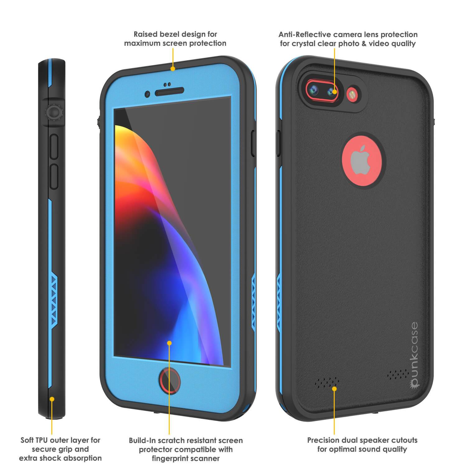 iPhone 7+ Plus Waterproof Case, Punkcase SpikeStar Light-Blue Series | Thin Fit 6.6ft Underwater IP68