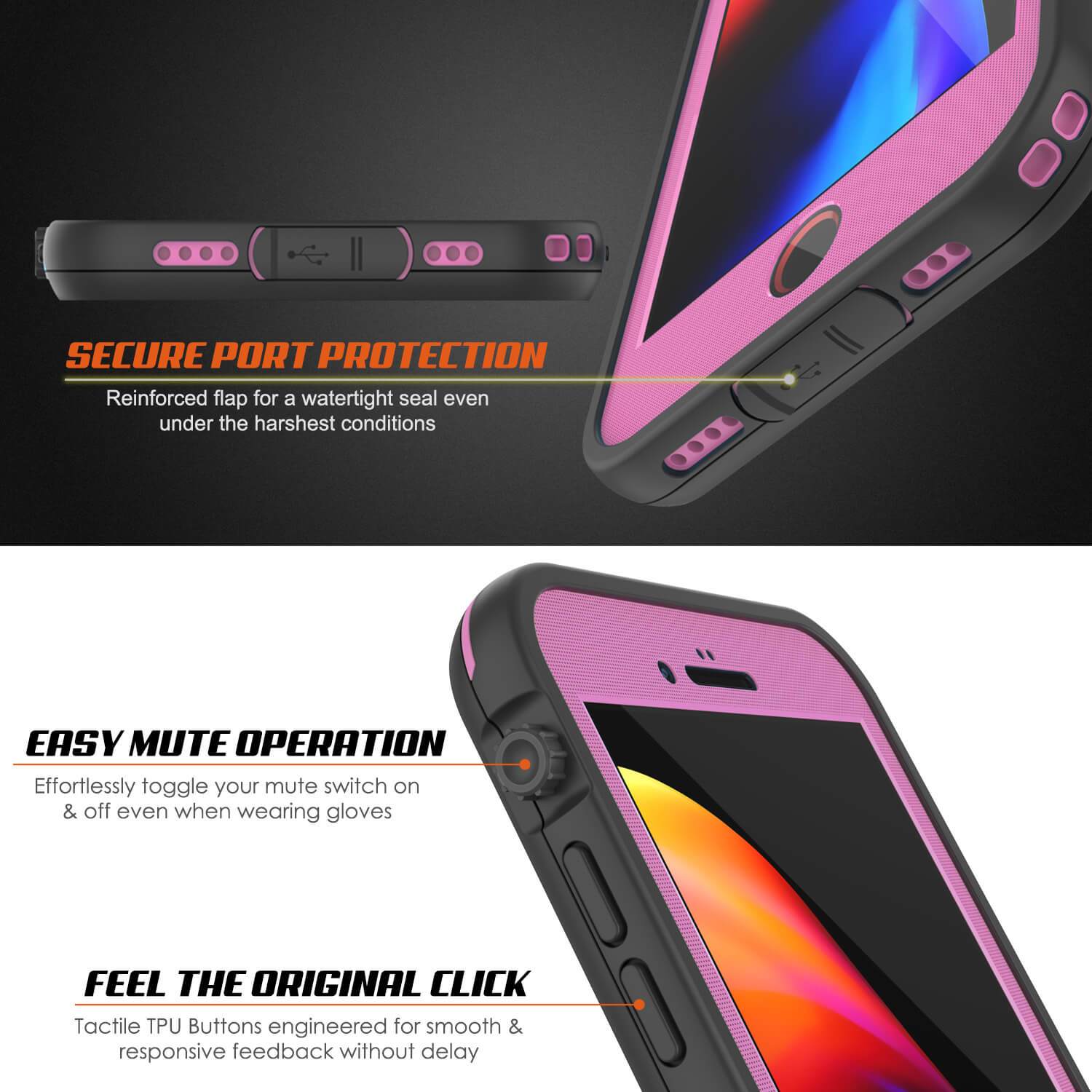 iPhone 7+ Plus Waterproof Case, Punkcase SpikeStar Pink Series | Thin Fit 6.6ft Underwater IP68