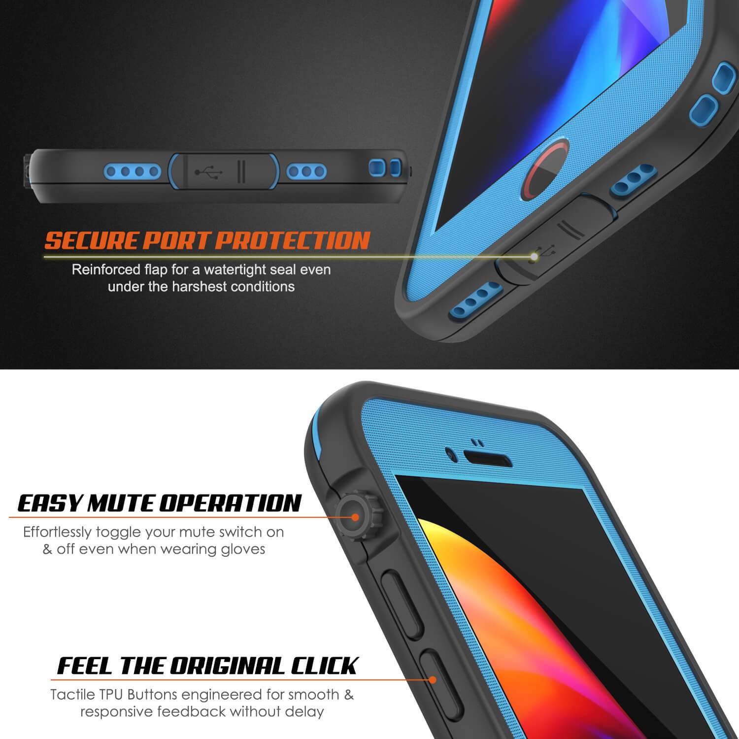 iPhone 7 Waterproof Case, Punkcase SpikeStar Light-Blue Series | Thin Fit 6.6ft Underwater IP68