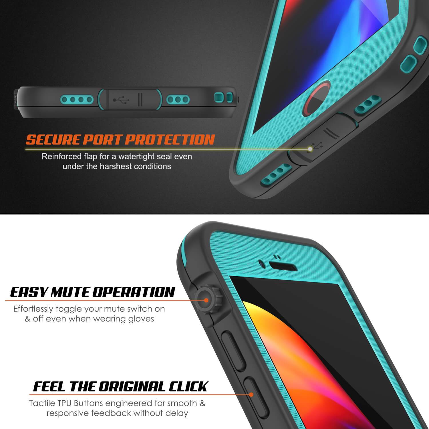 iPhone 7 Waterproof Case, Punkcase SpikeStar Teal Series | Thin Fit 6.6ft Underwater IP68