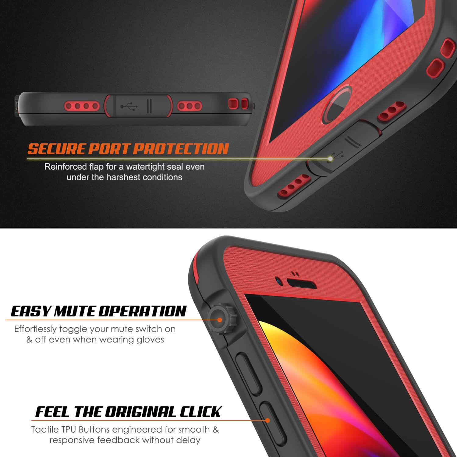 iPhone 8+ Plus Waterproof Case, Punkcase SpikeStar Red Series | Thin Fit 6.6ft Underwater IP68