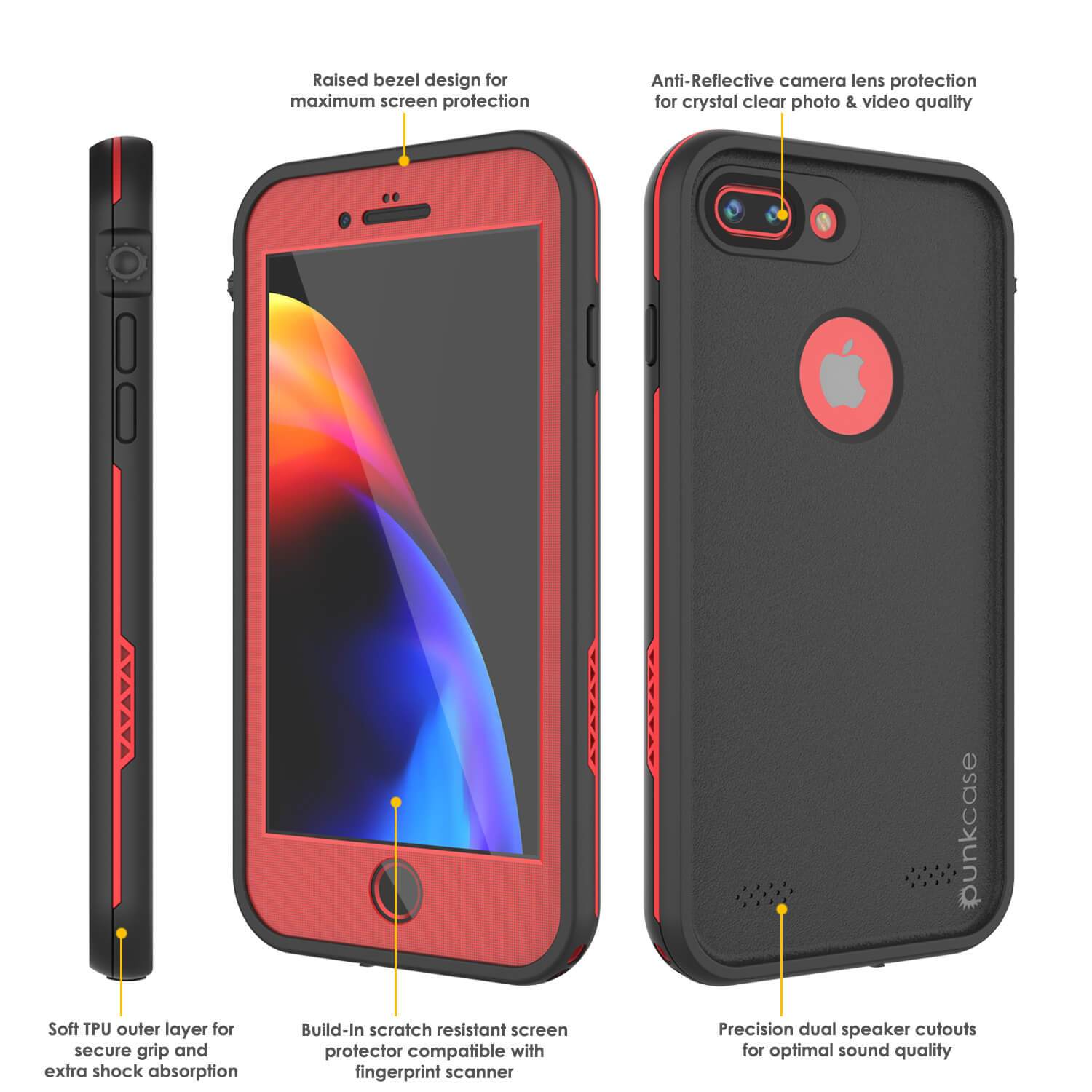 iPhone 8+ Plus Waterproof Case, Punkcase SpikeStar Red Series | Thin Fit 6.6ft Underwater IP68