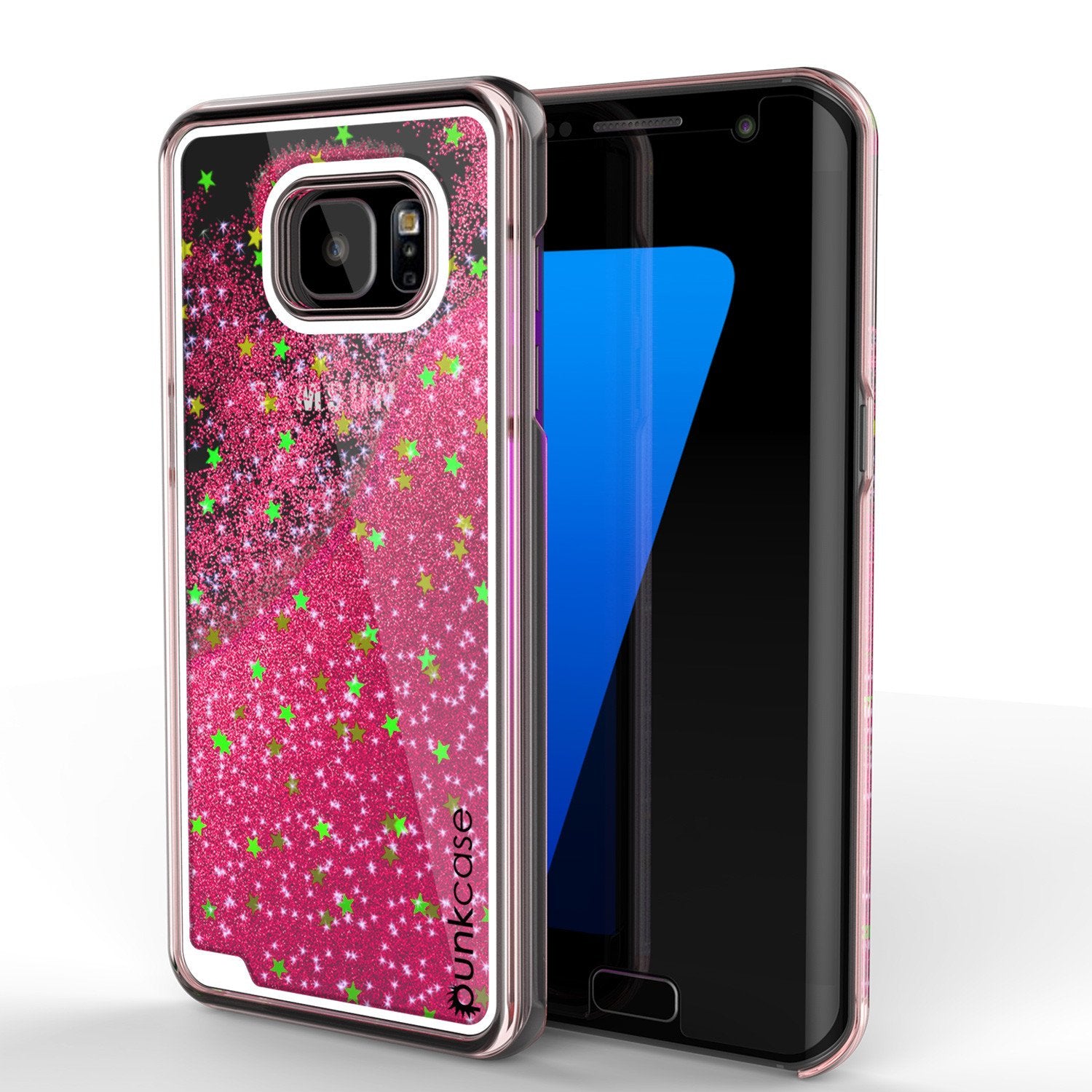 S7 Edge Case, PunkCase LIQUID Pink Series, Protective Dual Layer Floating Glitter Cover