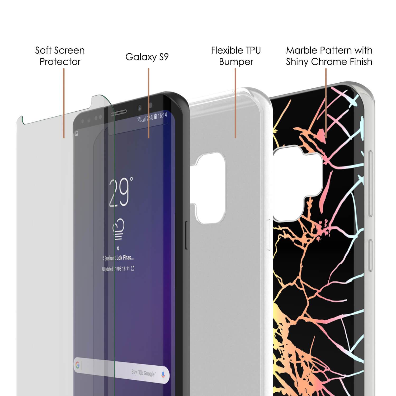Punkcase Galaxy S9 Protective Full Body Marble Case | Black Mirage