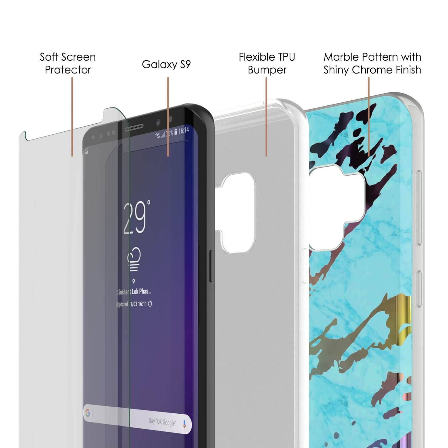Punkcase Galaxy S9 Protective Full Body Marble Case | Teal Onyx