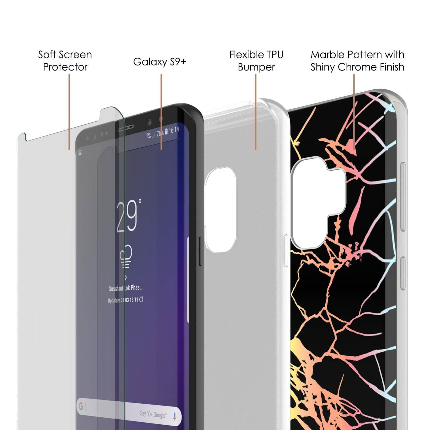Punkcase Galaxy S9+ Protective Full Body Marble Case | Black Mirage