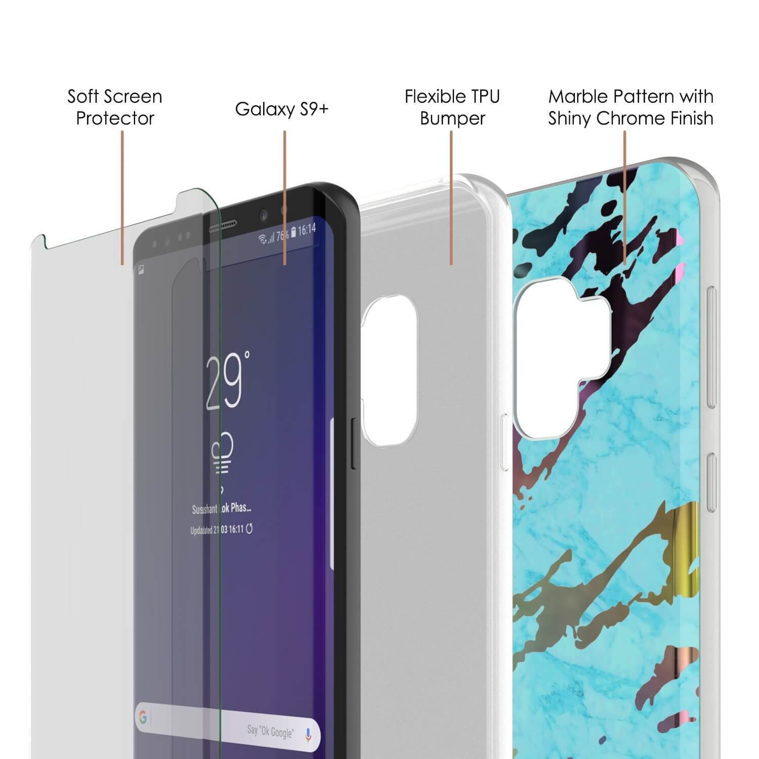 Punkcase Galaxy S9+ Protective Full Body Marble Case | Teal Onyx