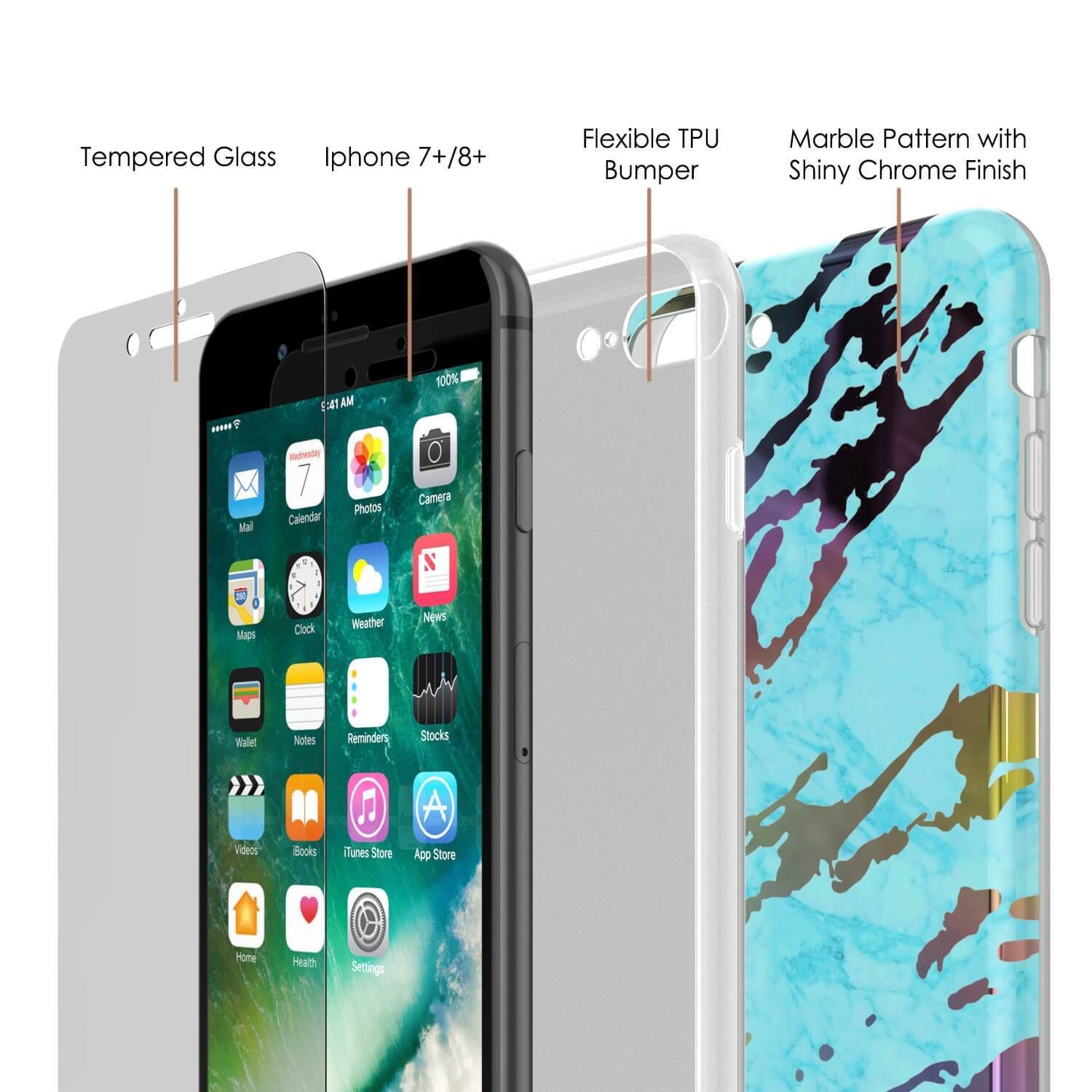 Punkcase iPhone 8+ / 7+ Plus Marble Case, Protective Full Body Cover W/9H Tempered Glass Screen Protector (Teal Onyx)