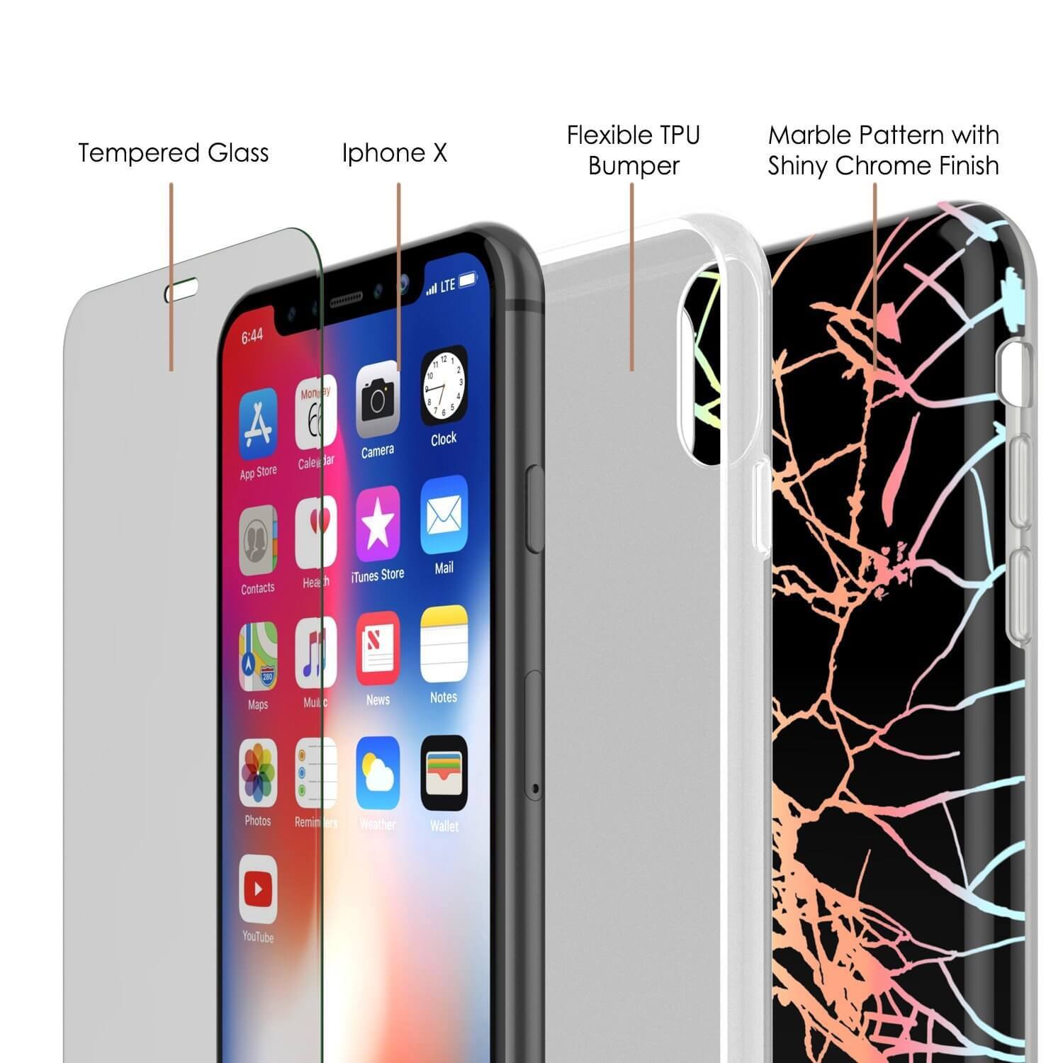 Punkcase iPhone XProtective Full Body Marble Case | Black Mirage Cover