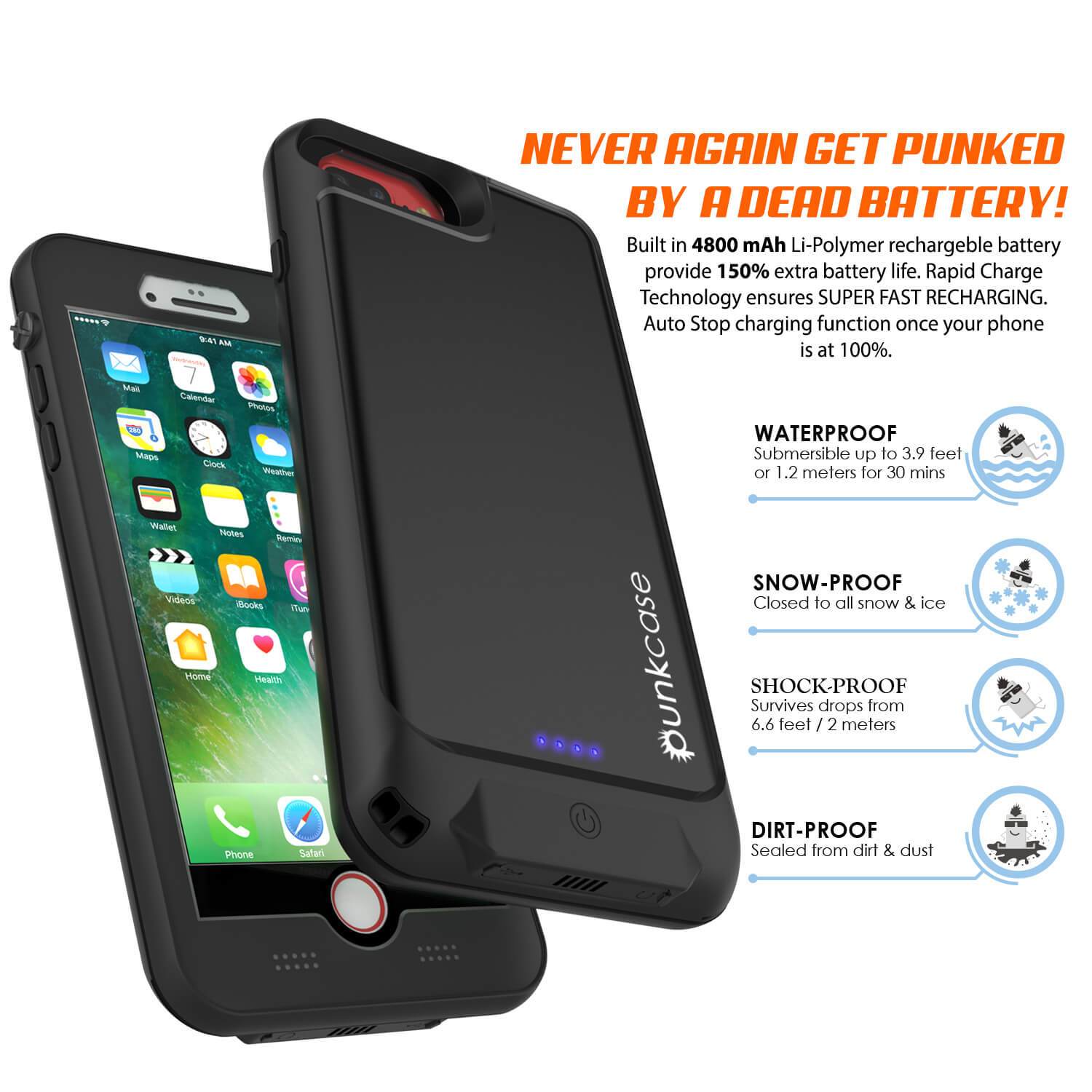 PunkJuice iPhone 7+Plus Plus Battery Case Black - Waterproof Slim Power Juice Bank with 4300mAh