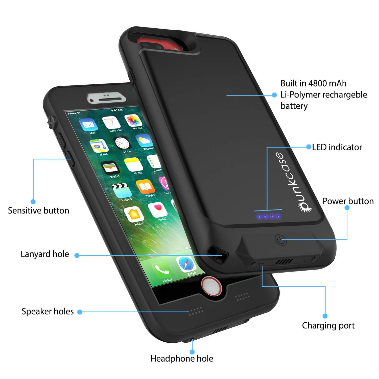 PunkJuice iPhone 7+Plus Plus Battery Case Black - Waterproof Slim Power Juice Bank with 4300mAh