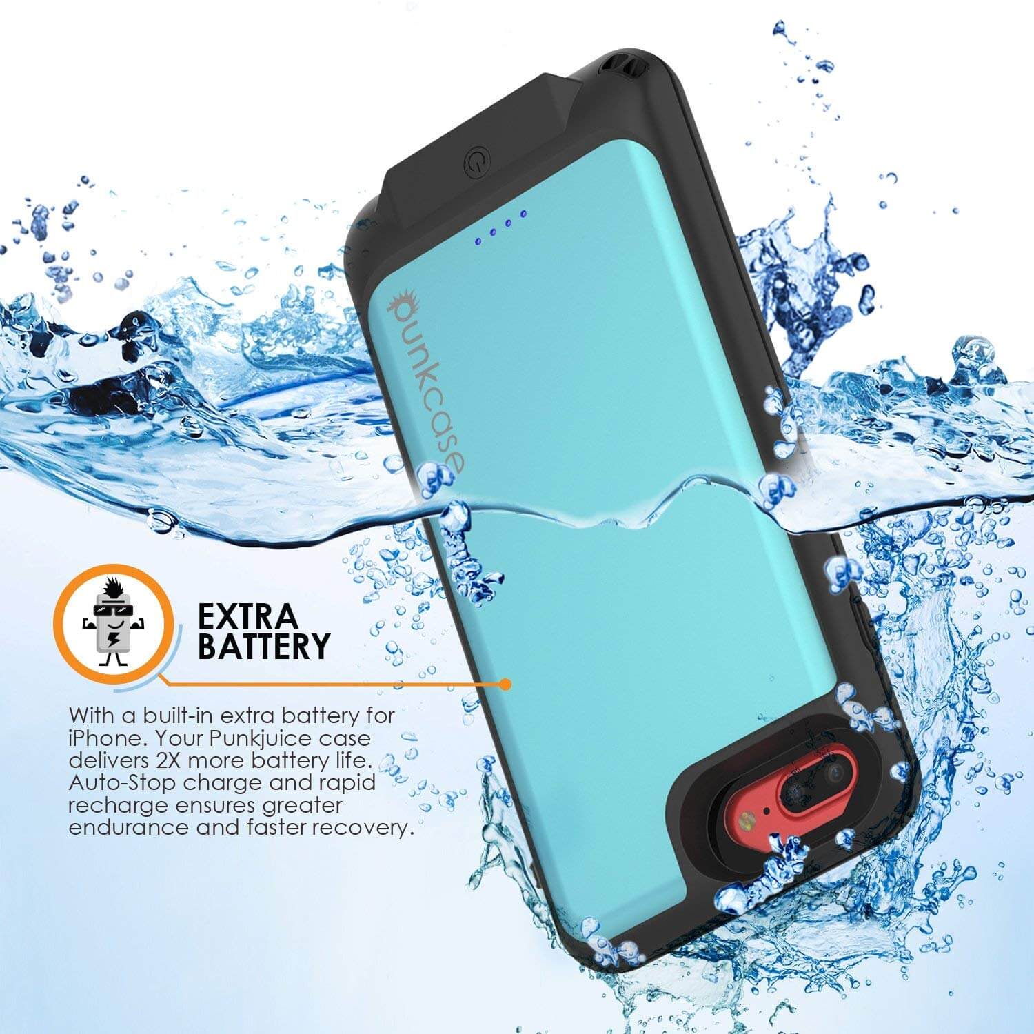 PunkJuice iPhone 7+Plus Plus Battery Case Teal - Waterproof Slim Power Juice Bank with 4300mAh