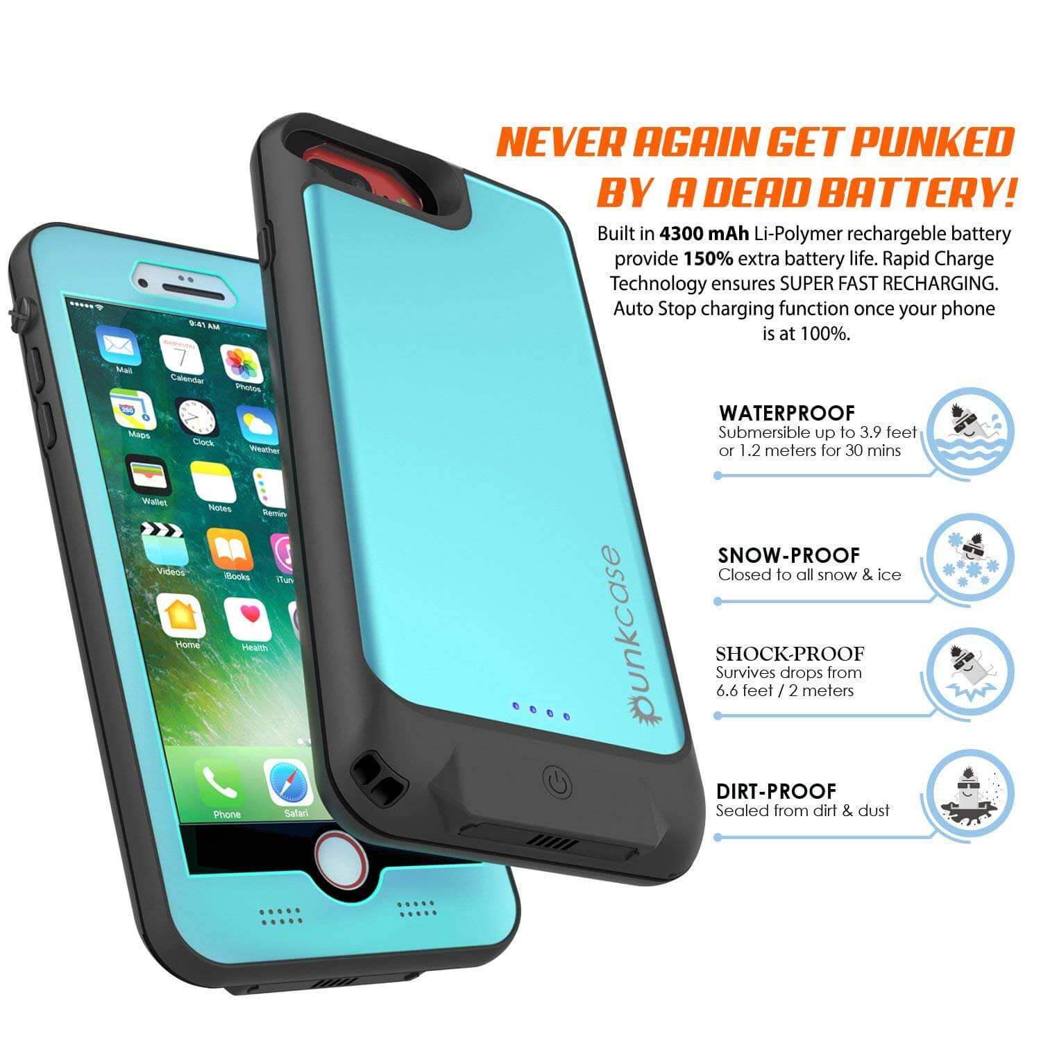 PunkJuice iPhone 7+Plus Plus Battery Case Teal - Waterproof Slim Power Juice Bank with 4300mAh