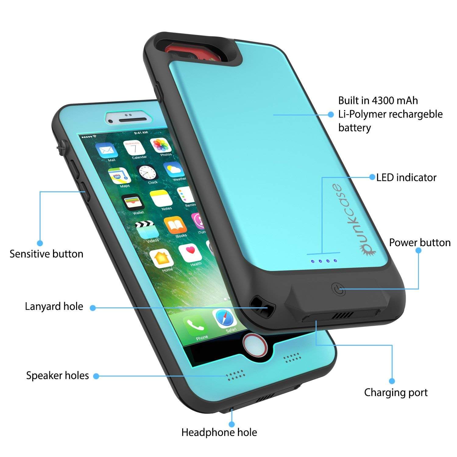 PunkJuice iPhone 7+Plus Plus Battery Case Teal - Waterproof Slim Power Juice Bank with 4300mAh